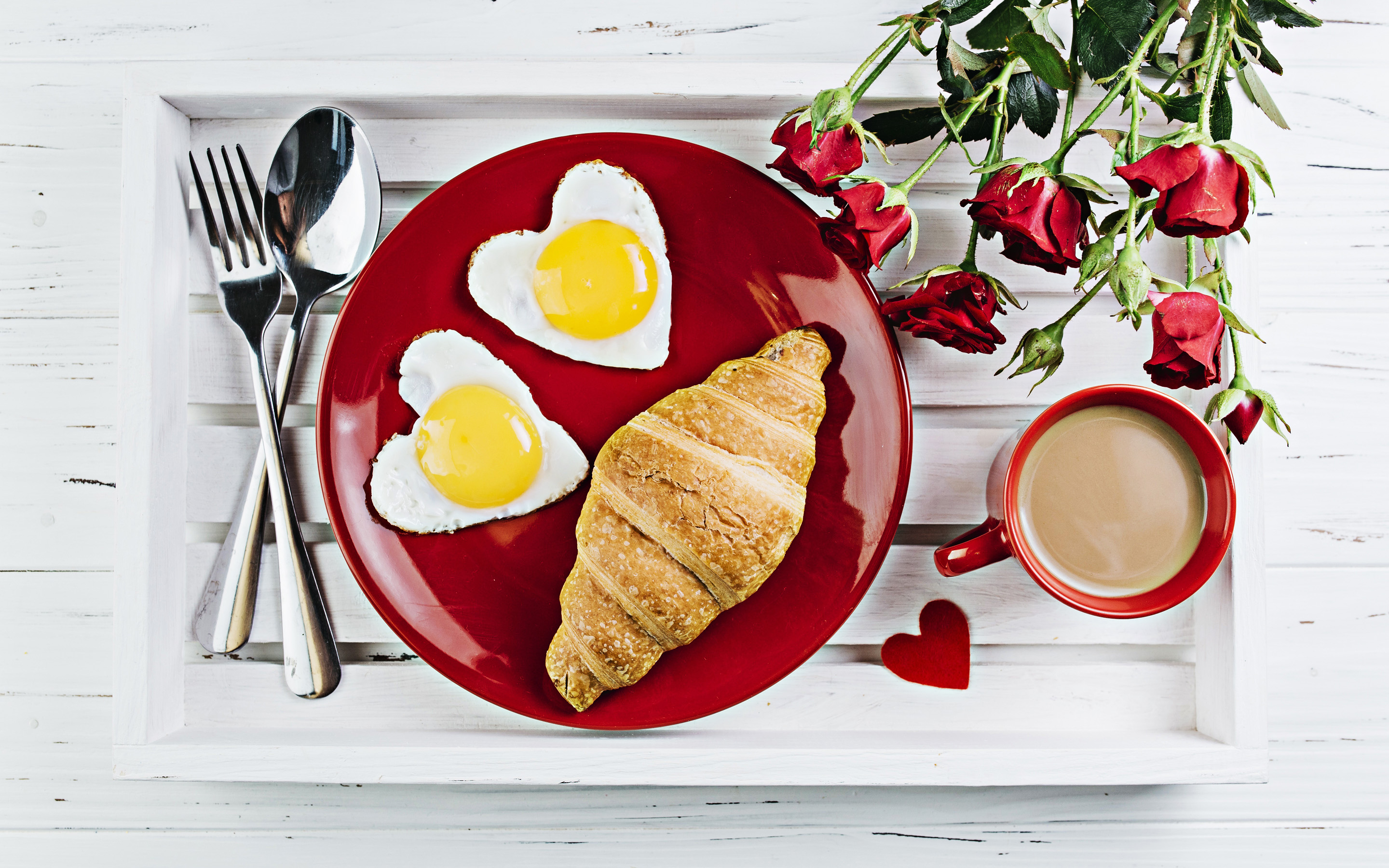 Download wallpaper breakfast, scrambled eggs, croissants