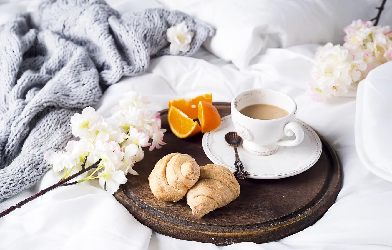 Wallpaper coffee, Cup, bed, tulips, flowers, romantic