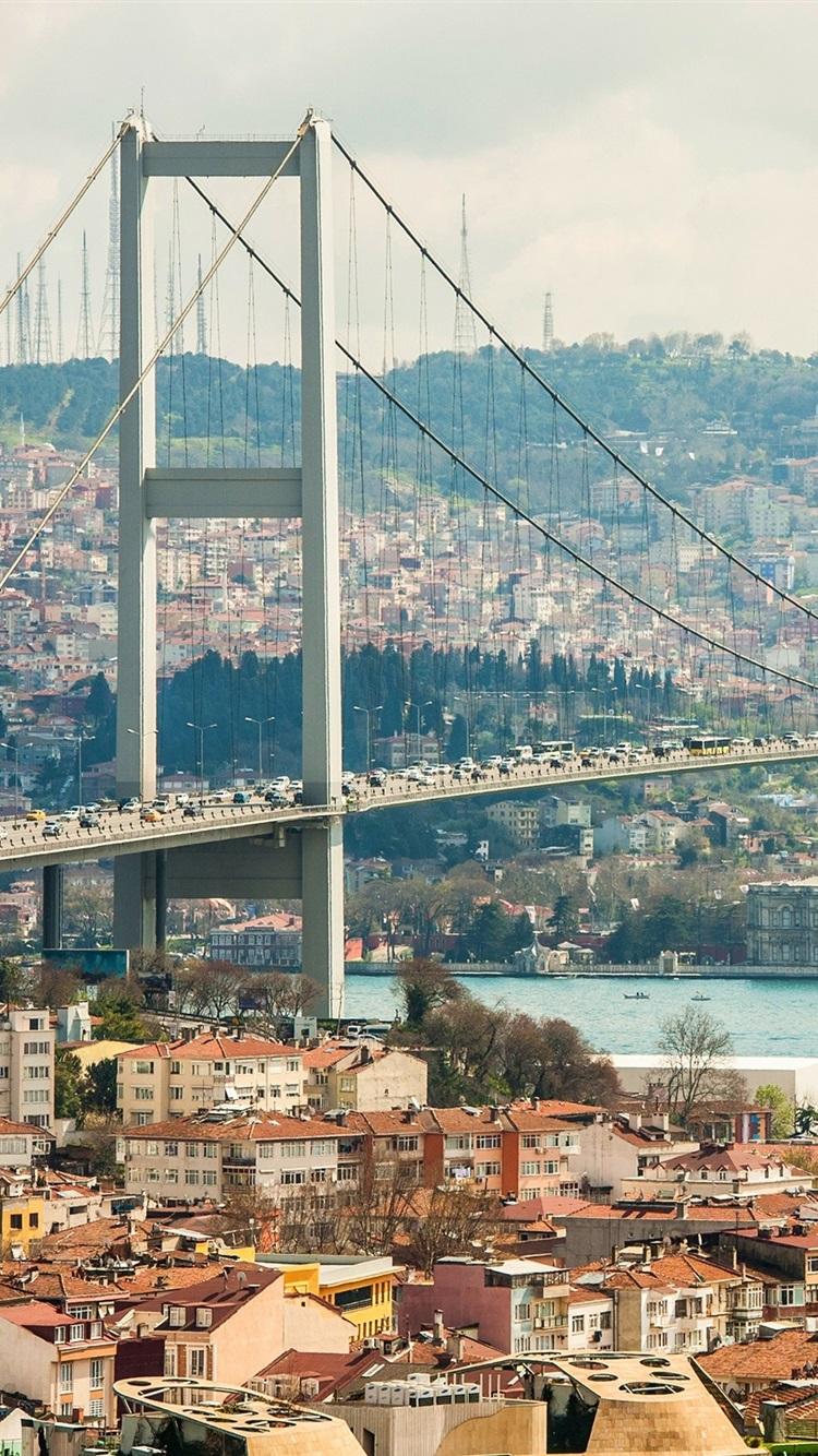 City, river, bridge, houses, buildings, Istanbul, Turkey