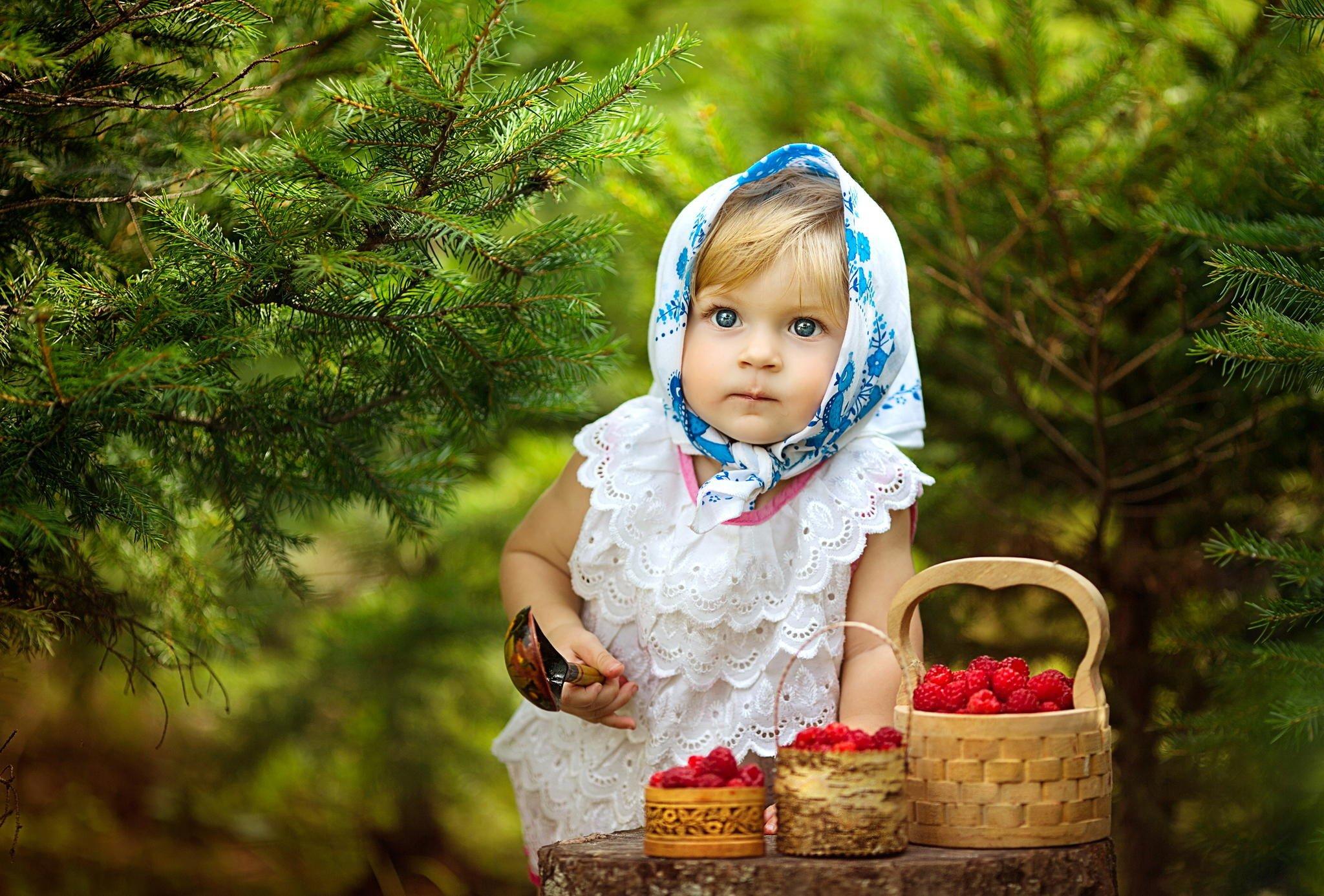 Children girl child timber basket berries spoon look