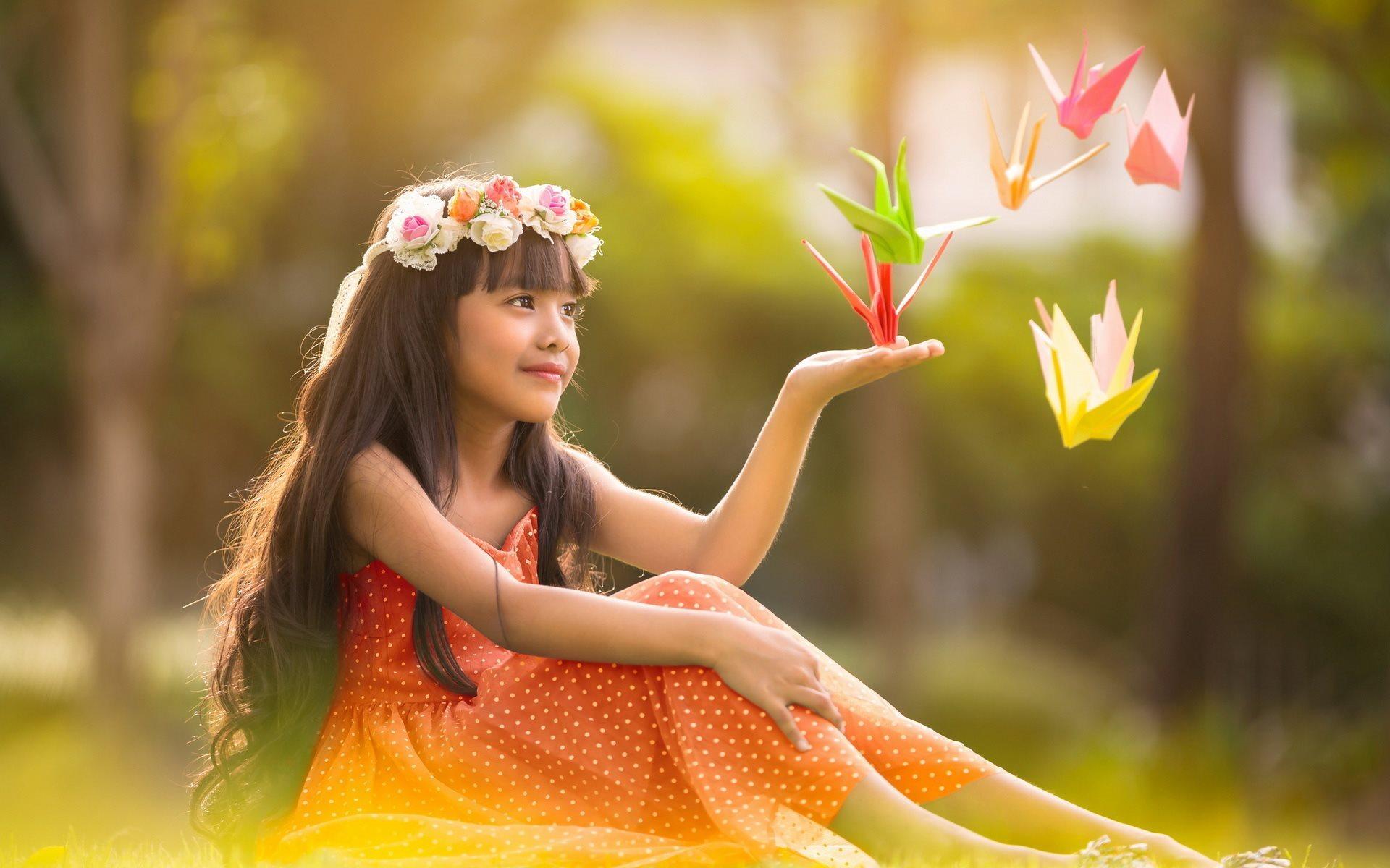Download wallpaper nature, wreath, summer, flowers, child, girl, crane, children, origami for desktop with resolution 1920x1200. High Quality HD picture wallpaper