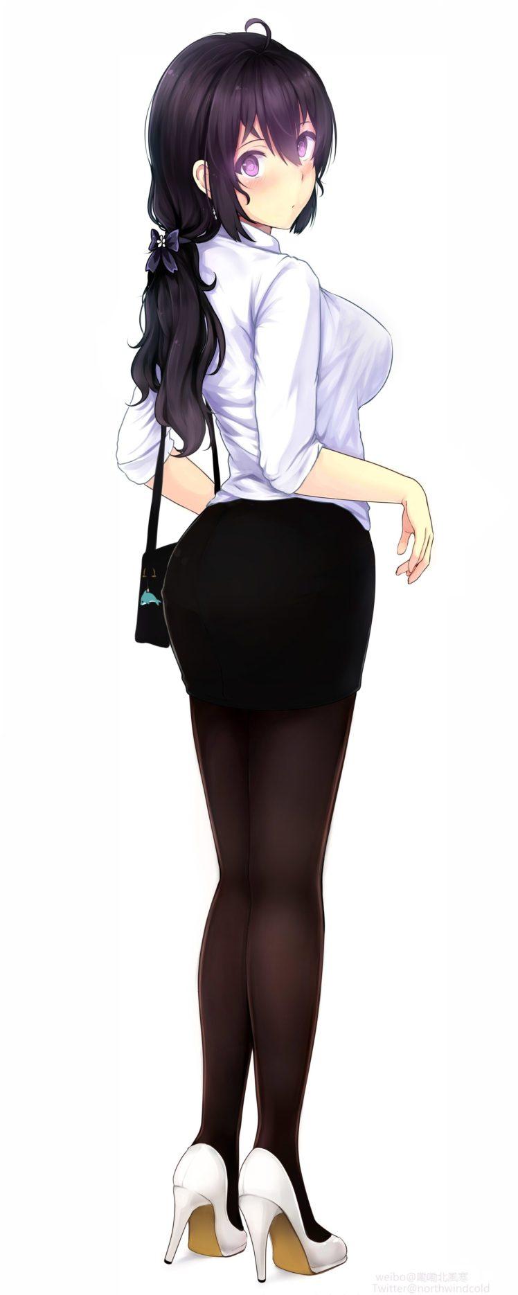 long hair, Purple eyes, Anime, Anime girls, Skirt, Stockings