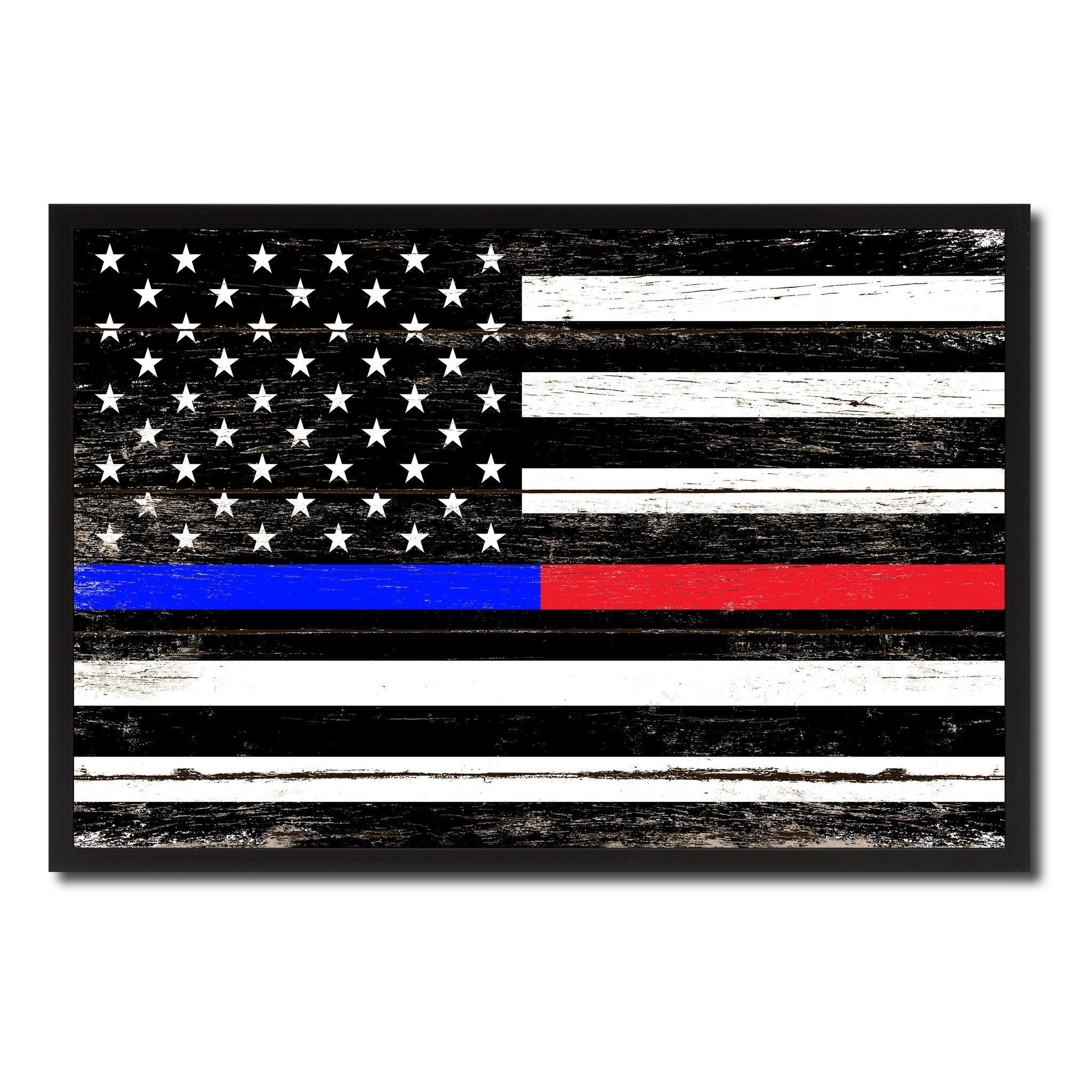 Thin Blue Line Police & Thin Red Line Firefighter Respect & Honor Law Enforcement First Responder American USA Flag Vintage Canvas Print with Picture