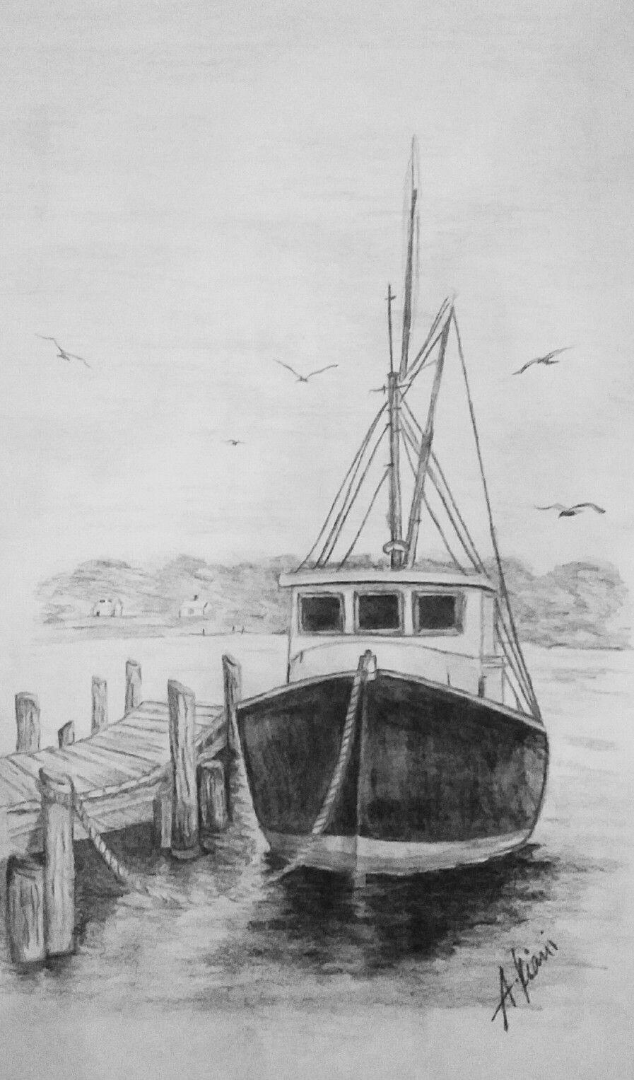 old fishing boat. Ceruzarajz. Pencil drawings