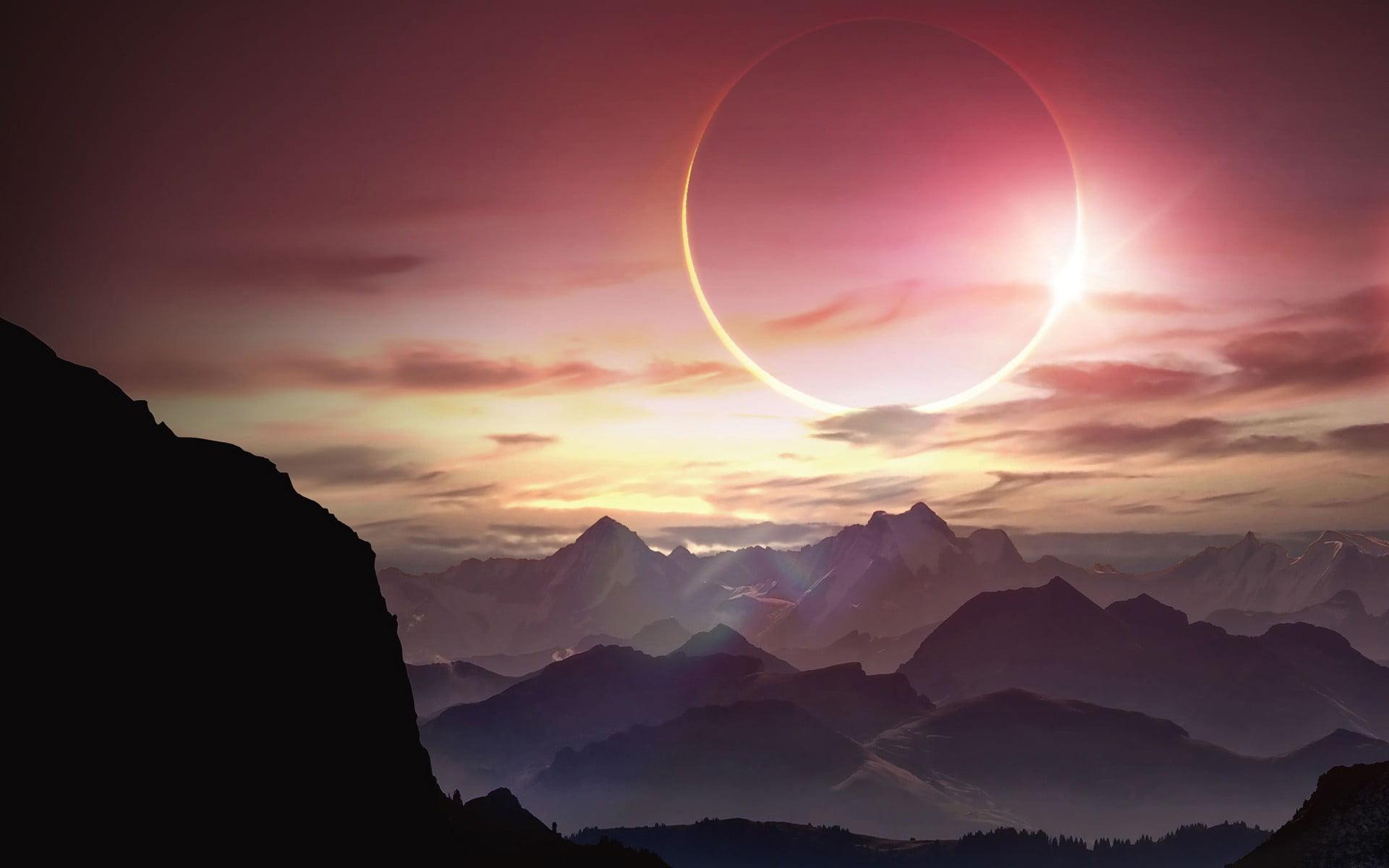 Gray mountains, eclipse, solar eclipse, artwork, fantasy