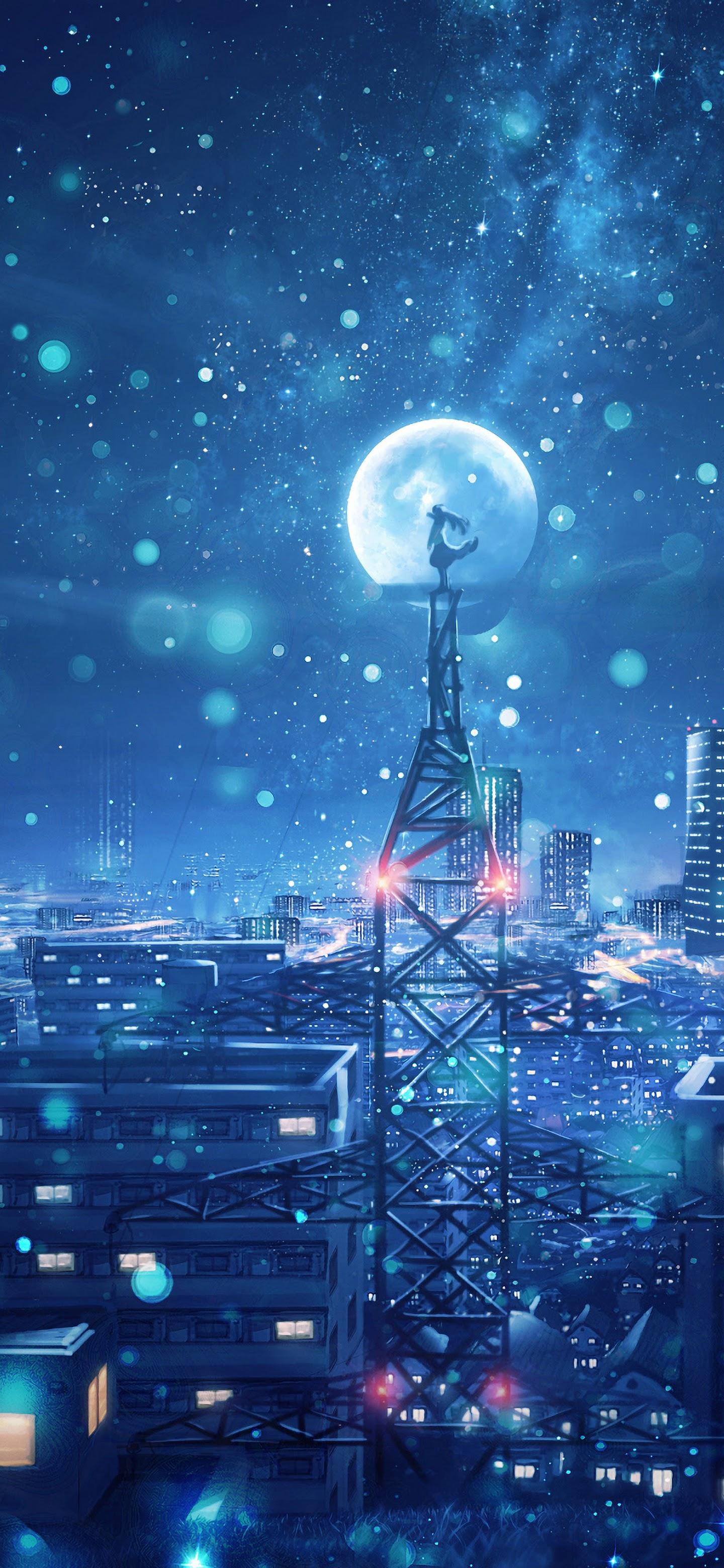 Night Sky City Stars Anime Scenery 4K Wallpapers