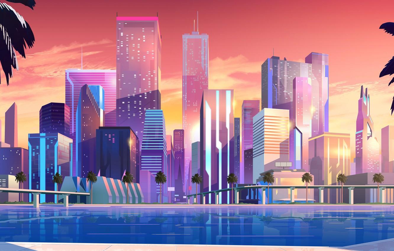Wallpapers Sunset, Home, Sea, Music, The city, Neon, Shore