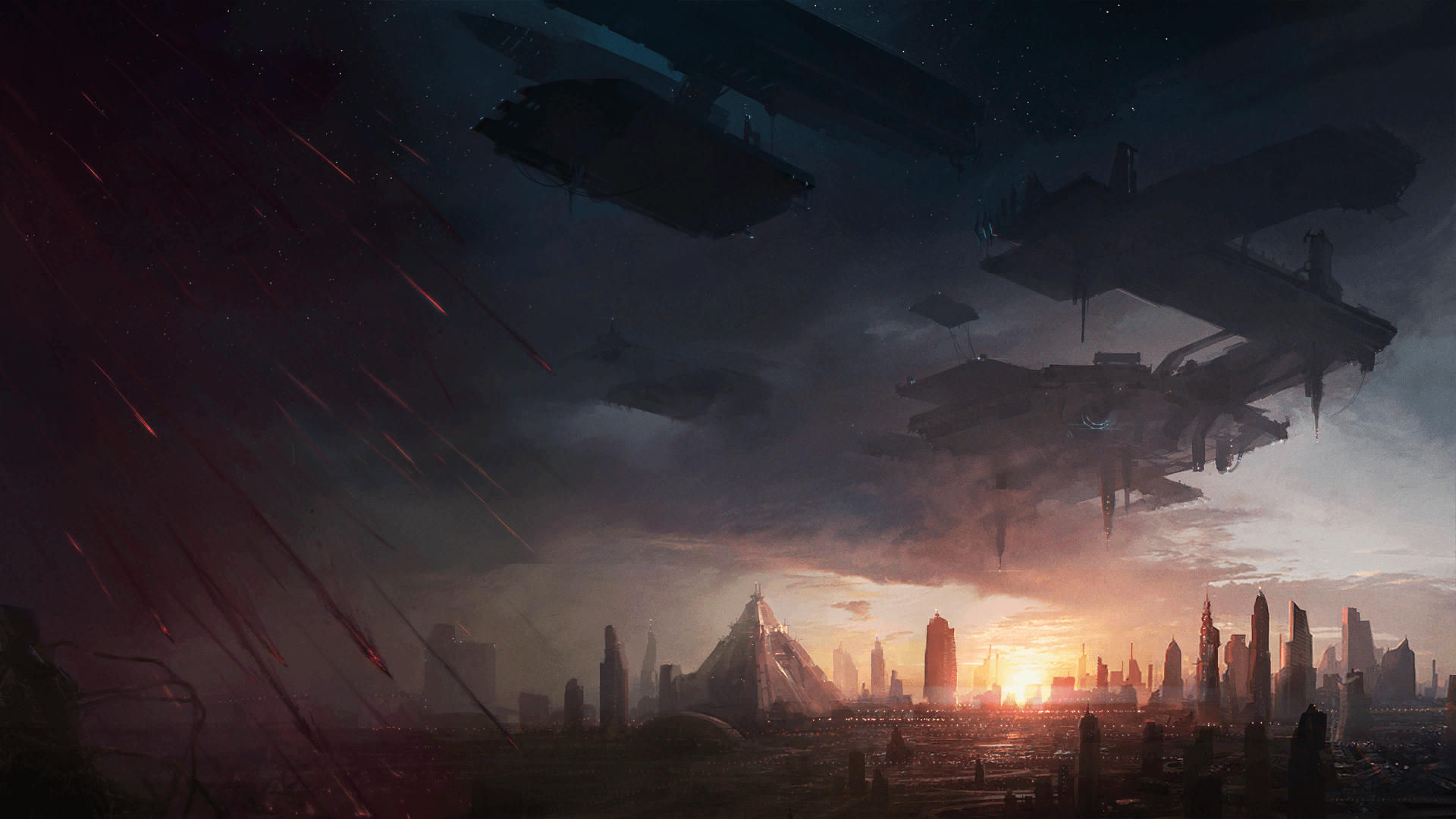 Sci Fi StarCraft City Spaceships Sunset Drawing Wallpaper