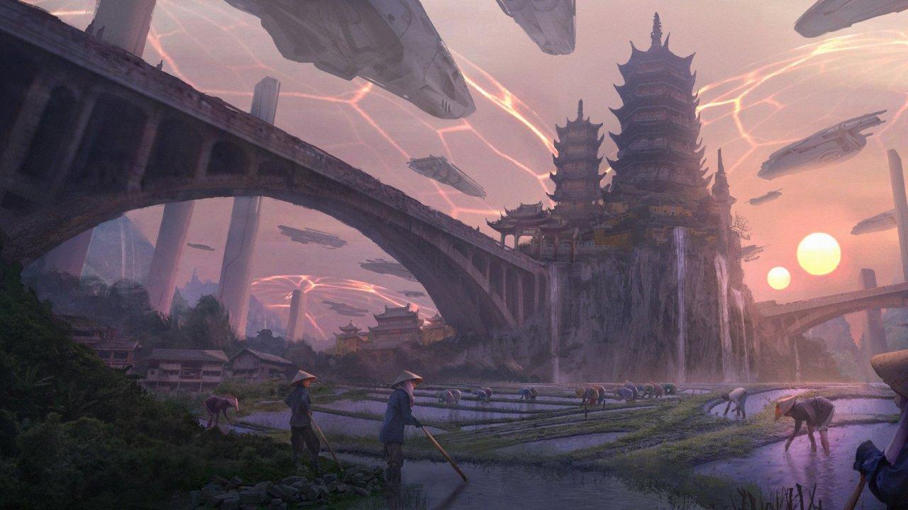 Fantasy, City, android, Sunset, china Full HD Wallpaper