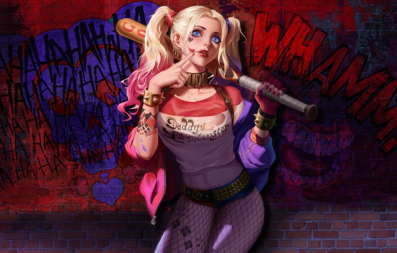 Wallpaper Girl, Figure, Girl, Bit, Tattoo, Tattoo, Art, Beauty, Harley Quinn, , Character, Harley Quinn, DC comics, Wall, Cupcake, madeinkipish image for desktop, section арт