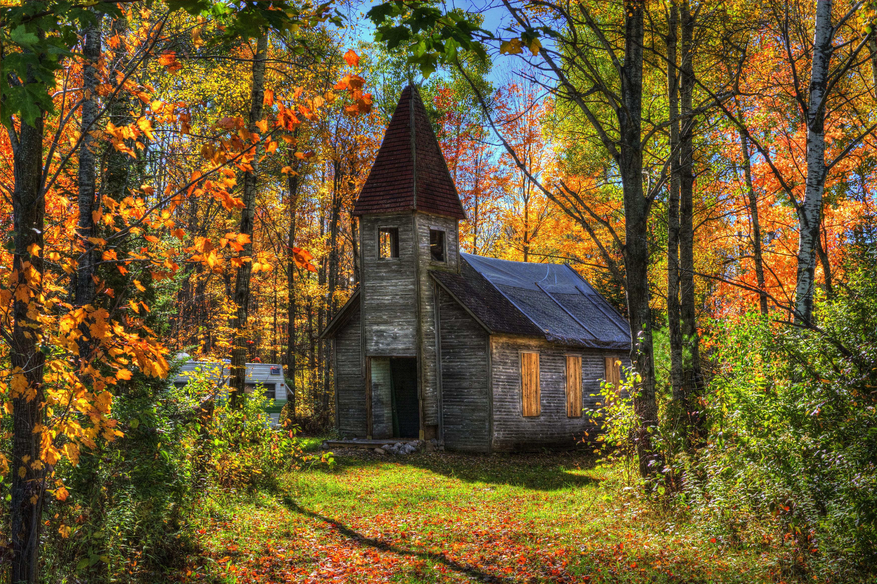 Old Church in Autumn Forest HD Wallpaper. Background Image