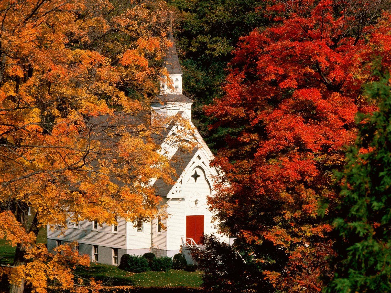 White Church in Autumn Wallpaper