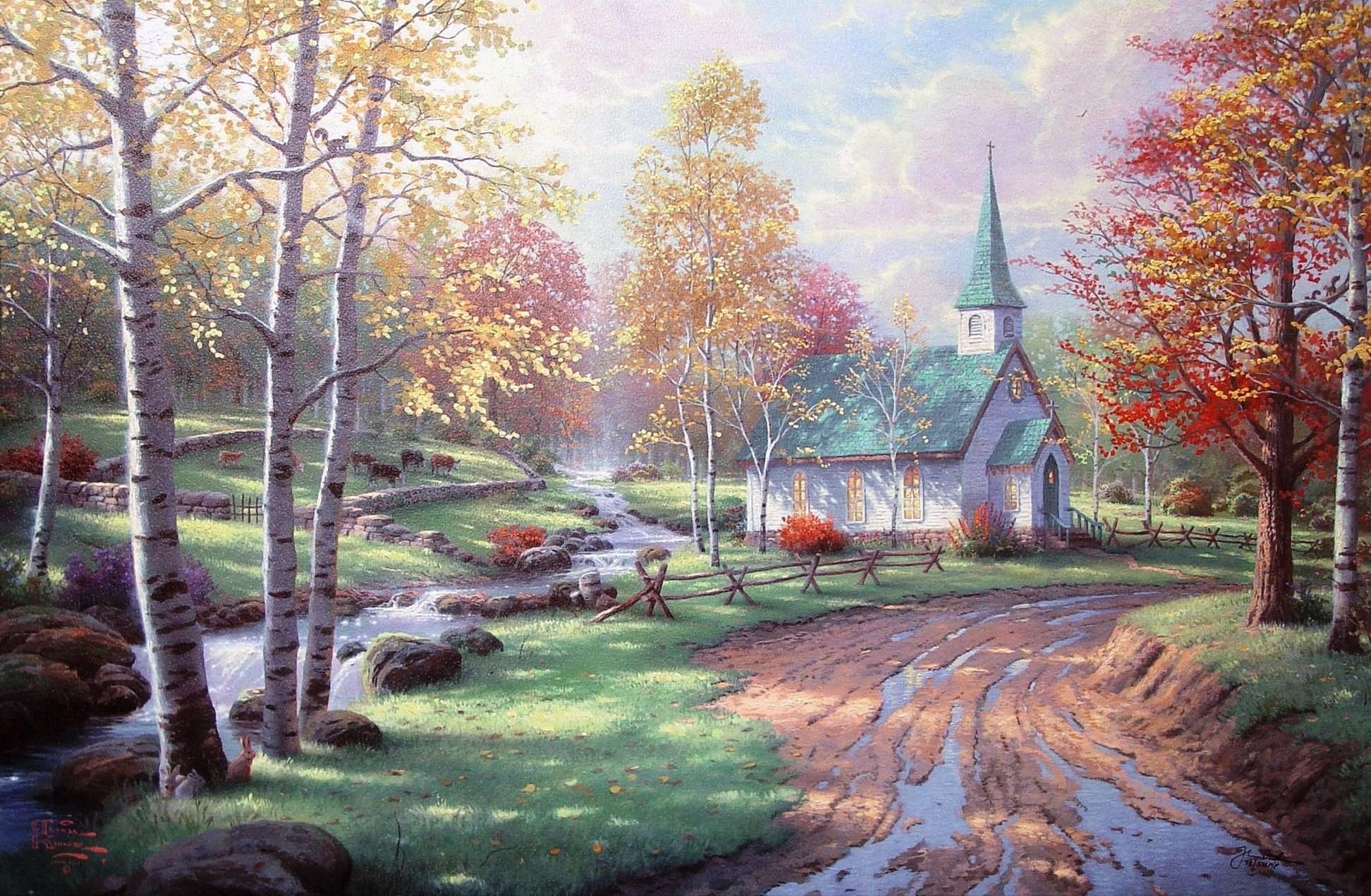 Church, Kinkade, Paintings, HD Image, Autumn, thomas Humor