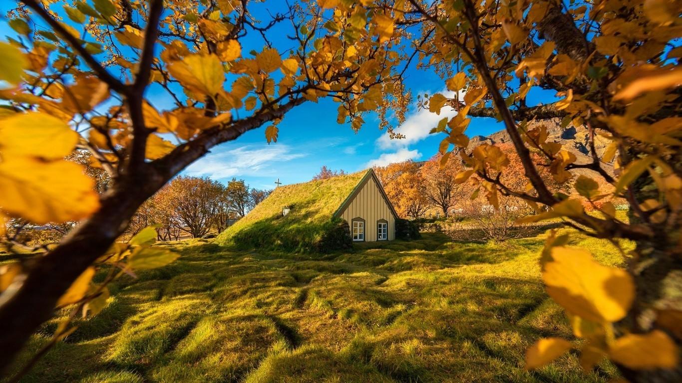 Download 1366x768 Iceland, Church, Autumn, Fall, Leaves, Field Wallpaper for Laptop, Notebook
