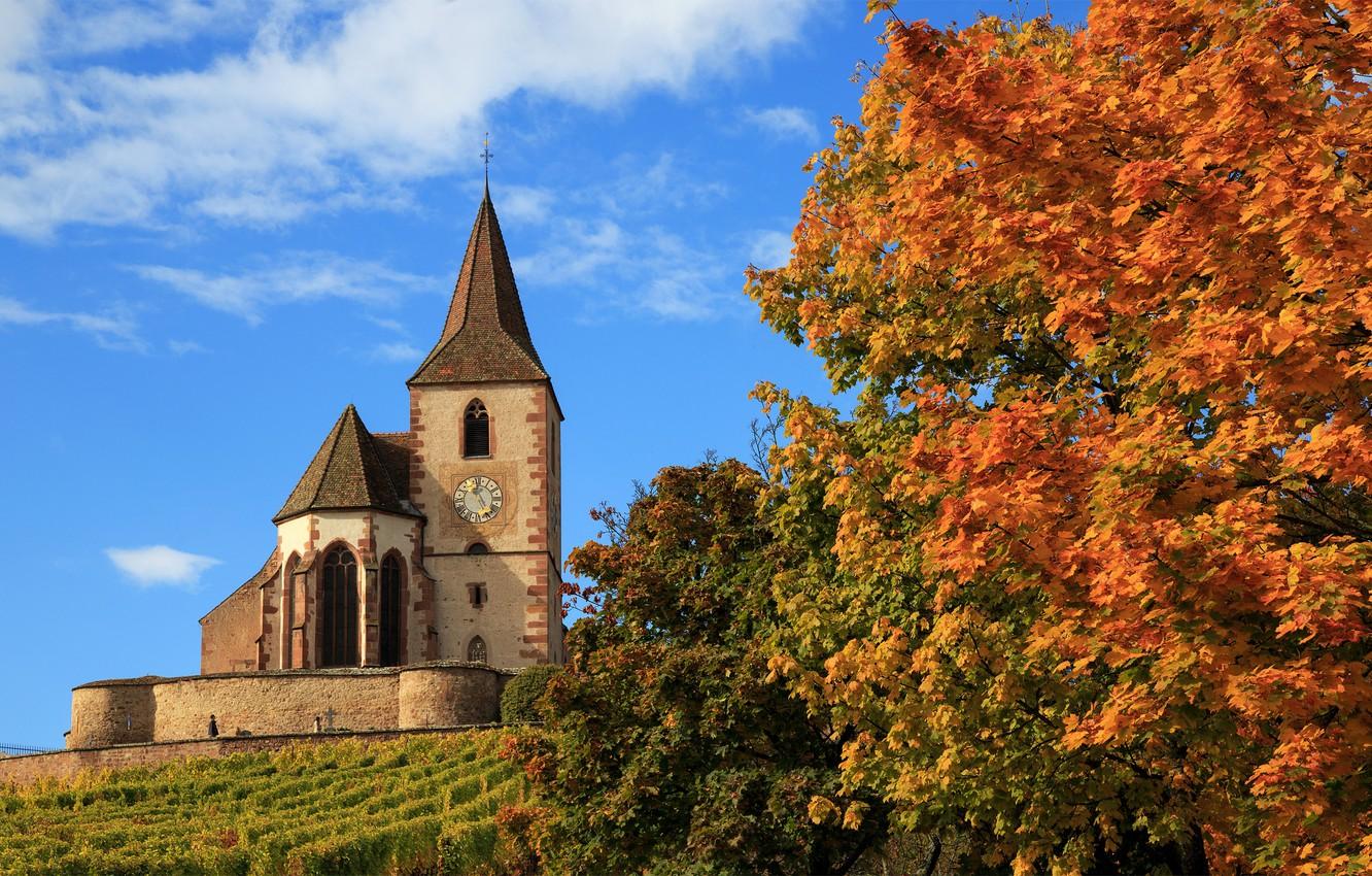 Wallpaper autumn, trees, France, Church, France, Hunawihr