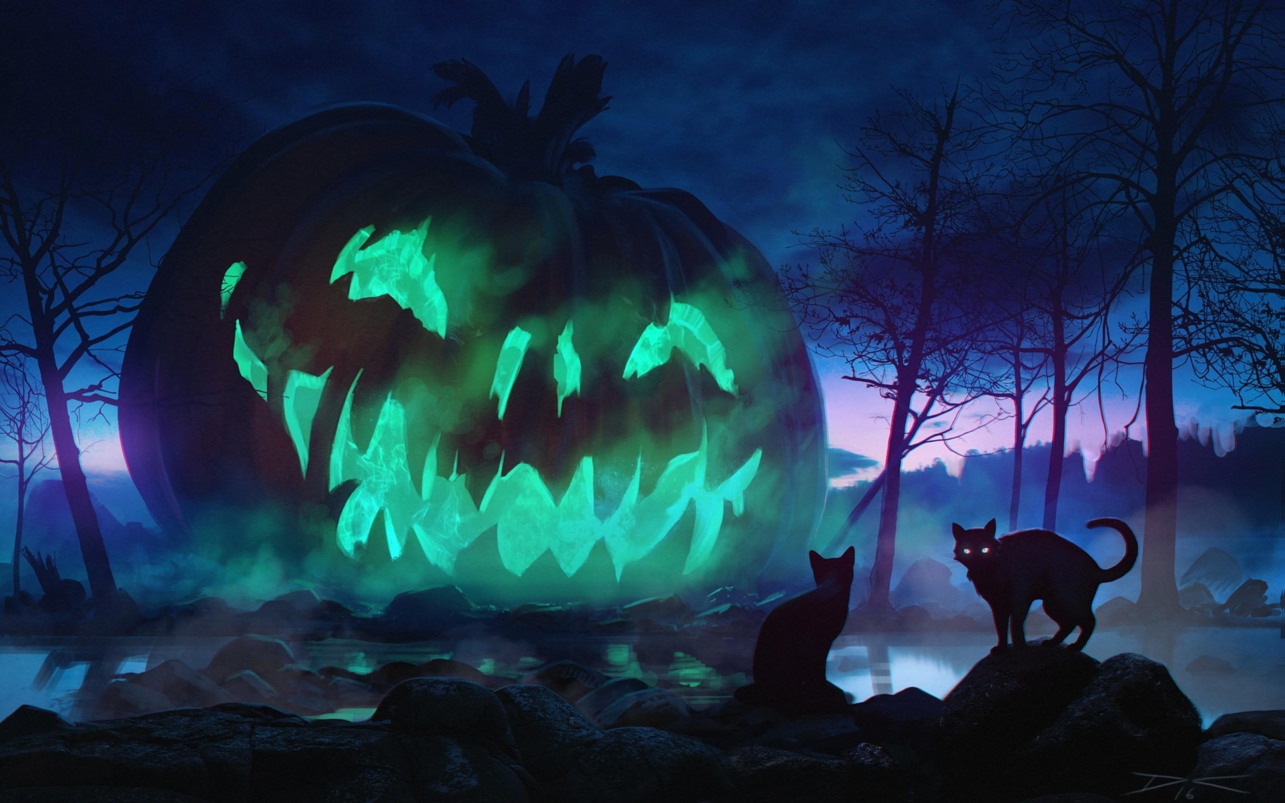 Download 2560x1600 Halloween, Giant Pumpkin, Scary, Cats