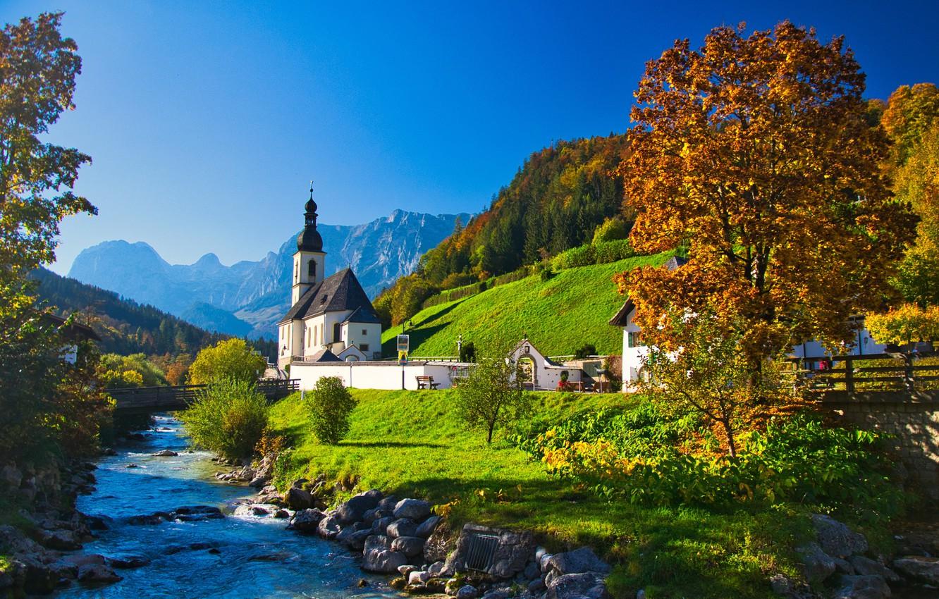 Wallpaper autumn, trees, mountains, river, Germany, Bayern, Church, Germany, Bavaria, Bavarian Alps, The Bavarian Alps, Ramsau, Ramsau, St Sebastian Church, Ramsauer Ache River, the Ramsauer ache river Axe image for desktop, section