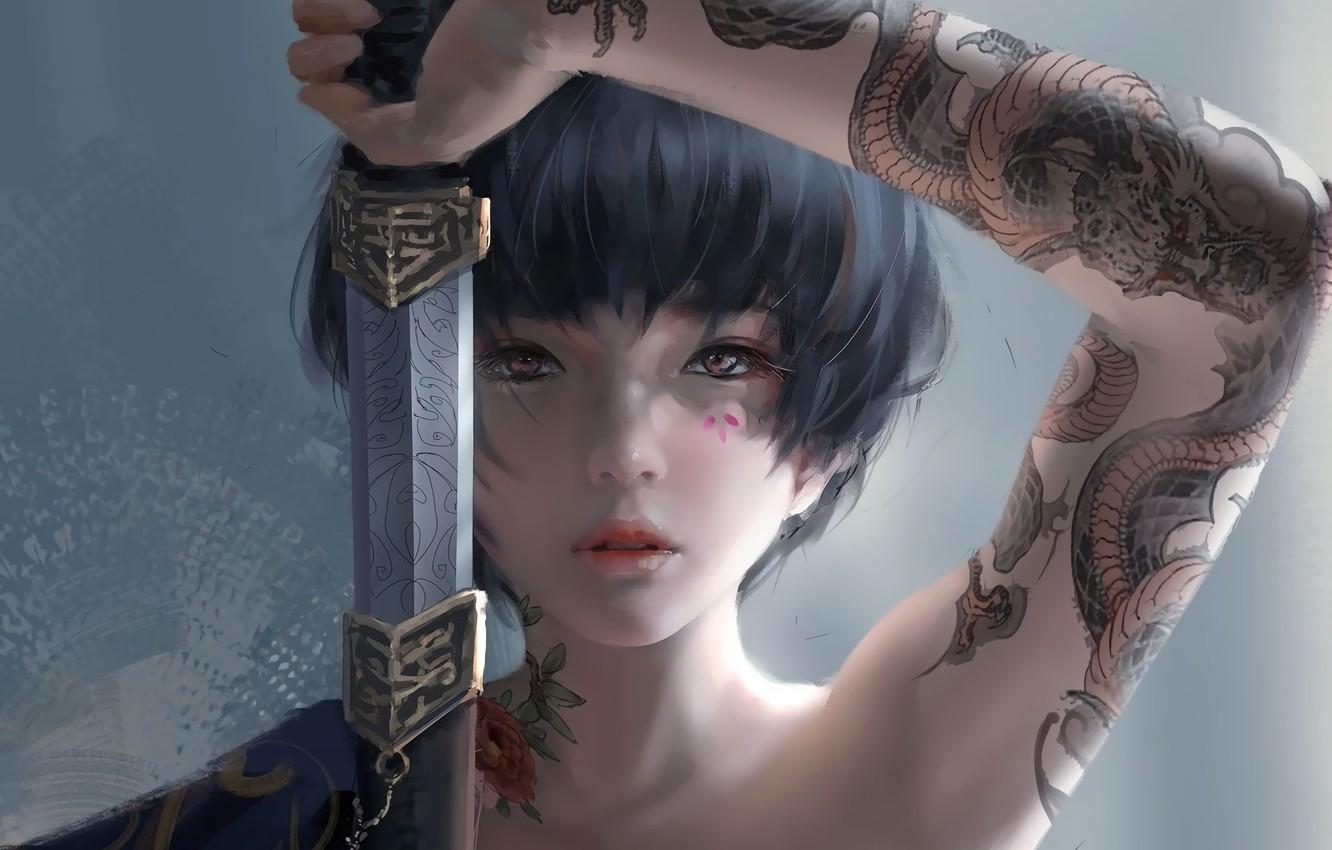 Wallpaper look, girl, Japan, sword, tattoo, fantasy, art