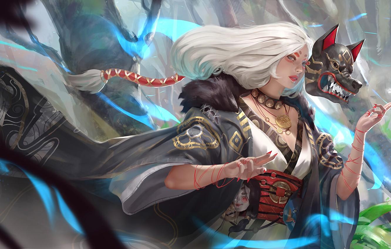 Wallpaper girl, fantasy, spirit, wolf, artist, digital art