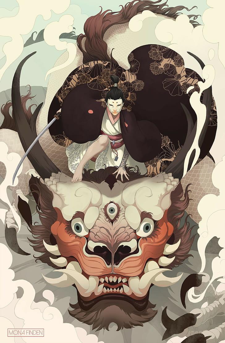 HD wallpaper: Japanese, dragon, samurai, kimono, fantasy art, women, face paint