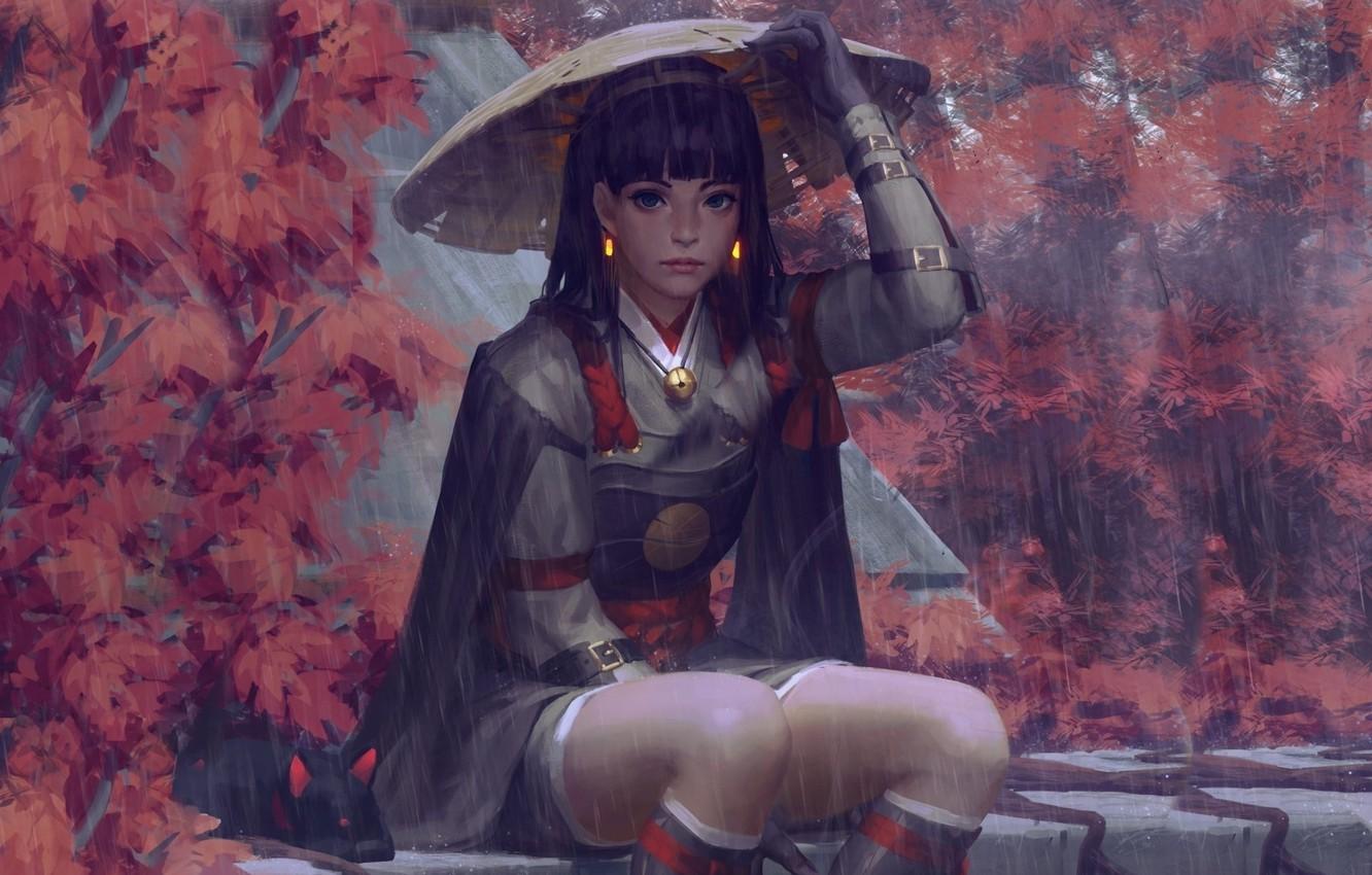 Wallpaper rain, hat, armor, Japan, art, Guweiz, woman warrior, autumn trees image for desktop, section фантастика