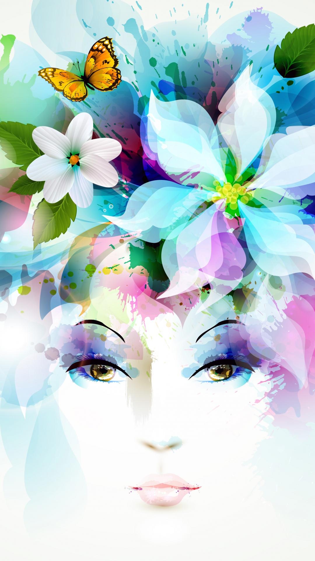 Art Girl Eyes Flowers Petals Butterfly Leaves Spray iPhone 8 Wallpaper Free Download