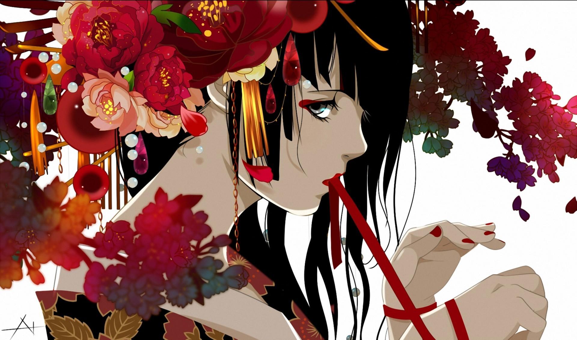 Desktop Wallpaper Anime female Flowers Painting Art