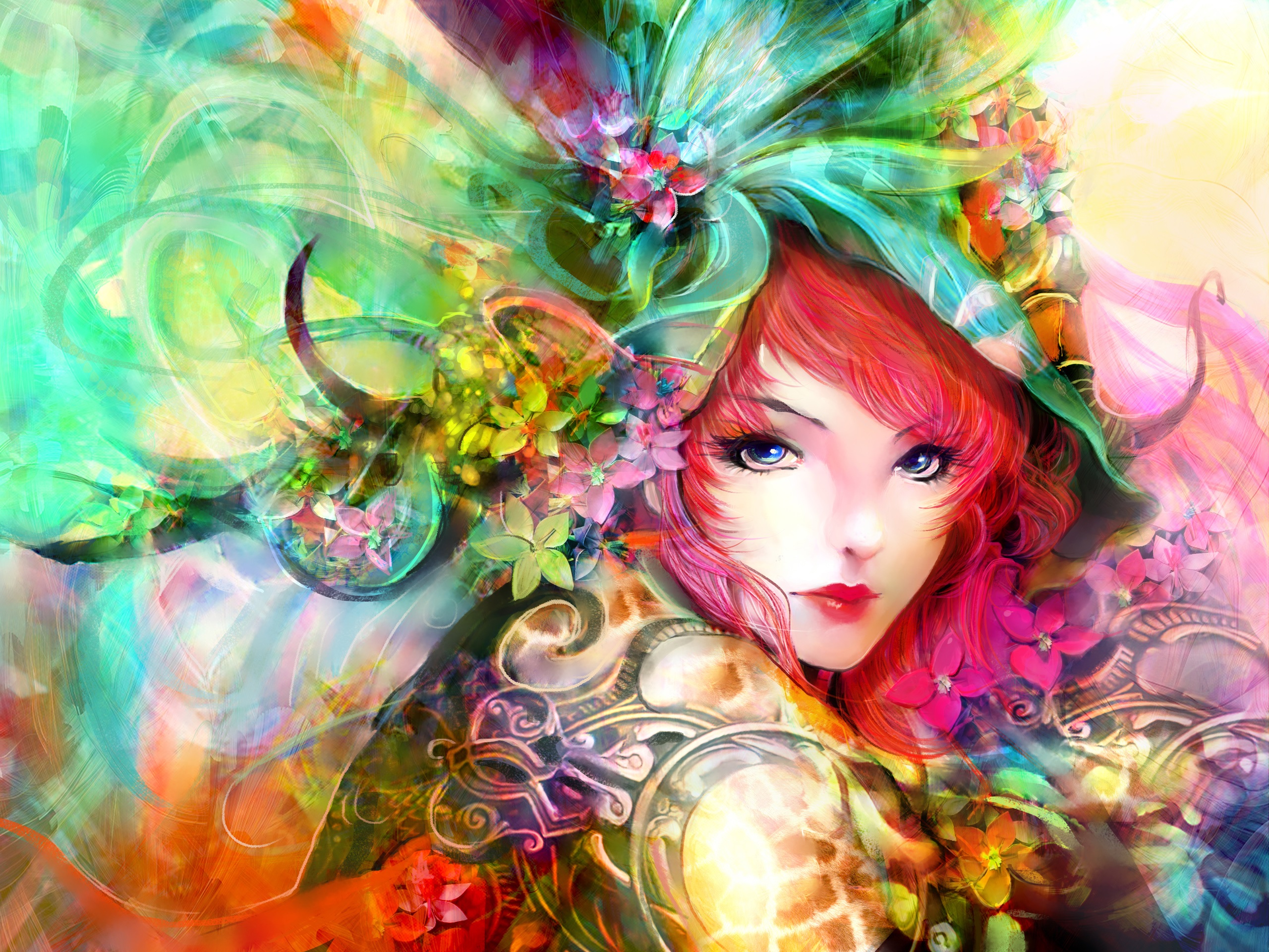 Wallpaper Art painting, girl, eyes, face, flowers, red hair