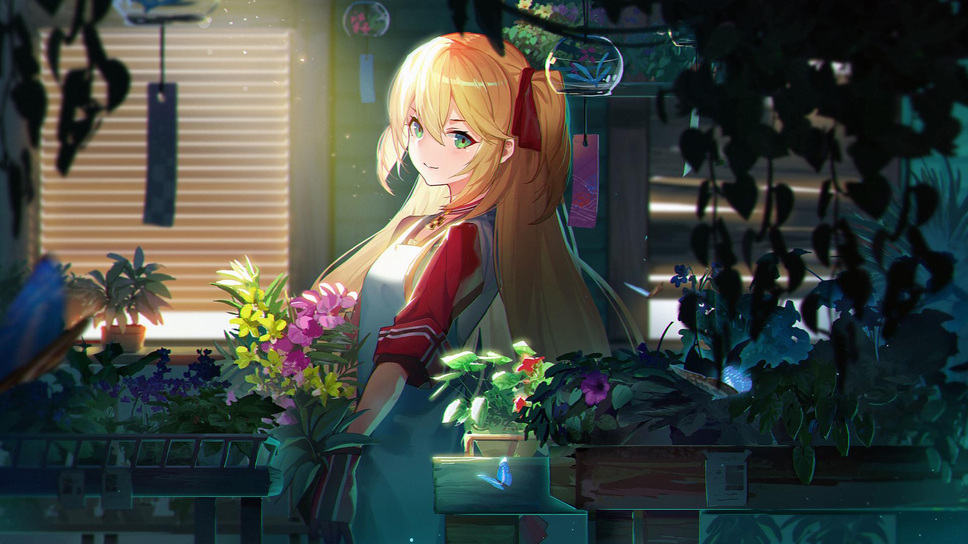 Anime Flowers Blonde Twintails Girl Laptop Full HD