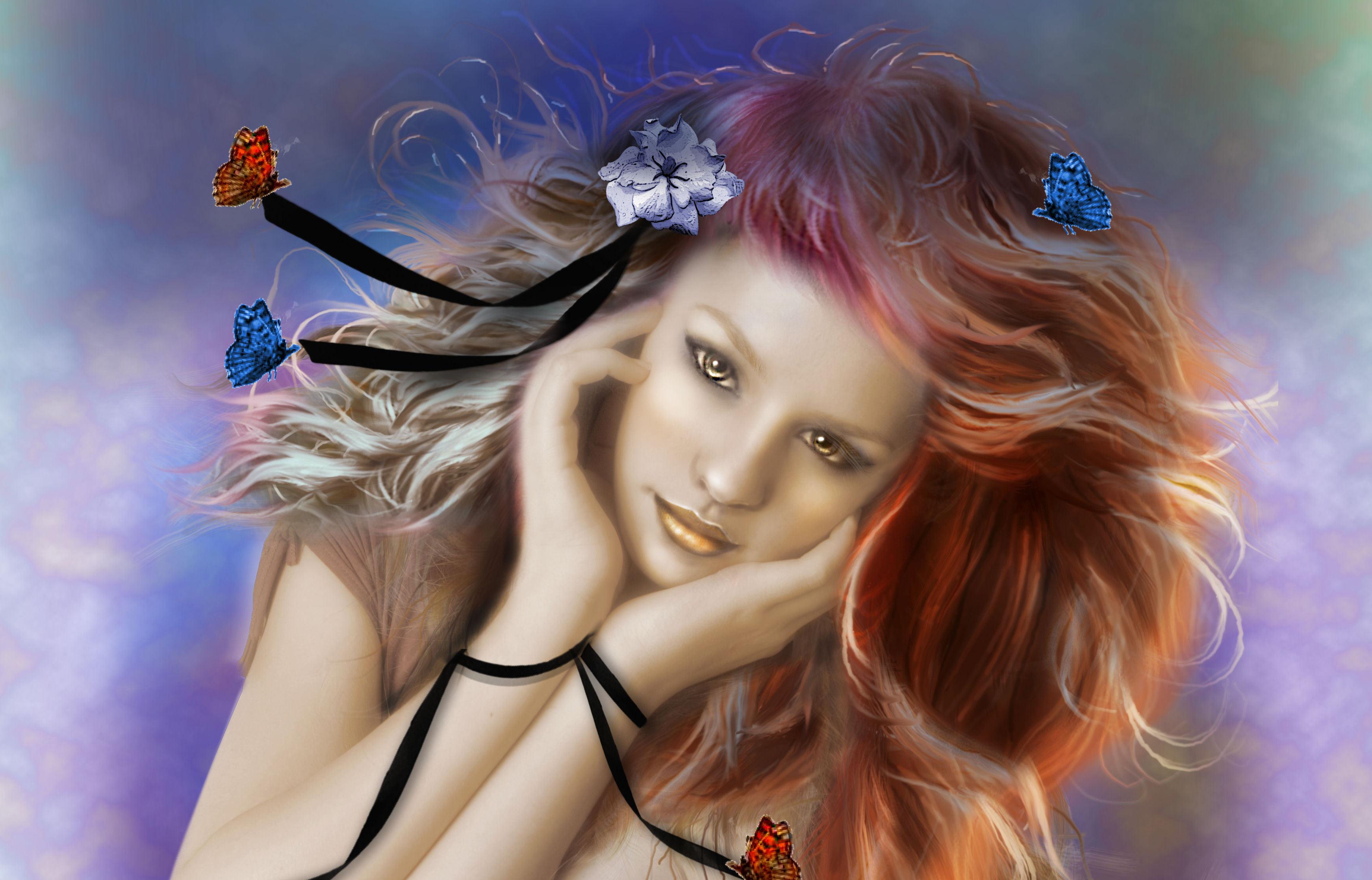 painting, Art, Girl, Eyes, Face, Hair, Butterflies, Arms