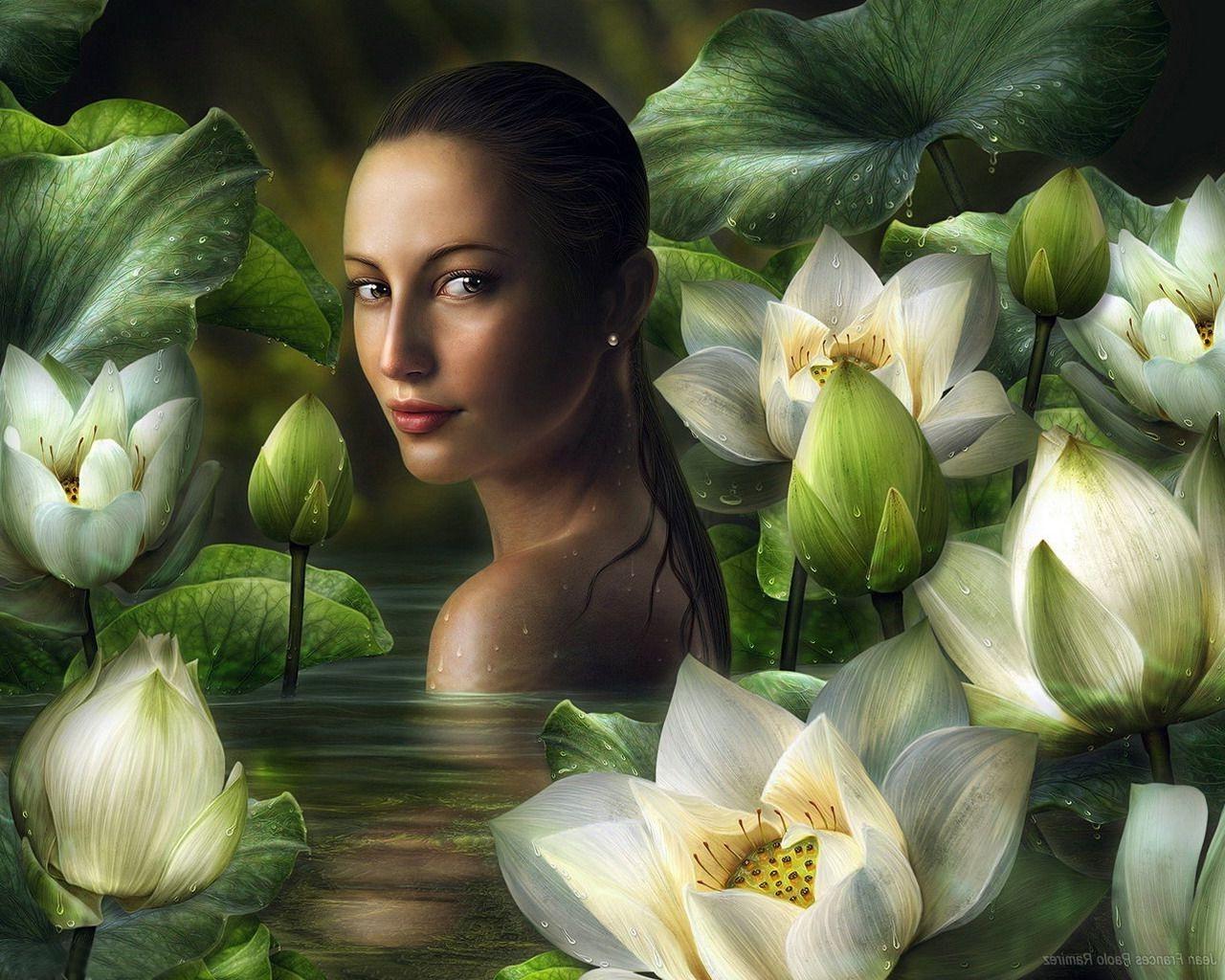 1280x1024 fantasy art lotus flowers lily pads women