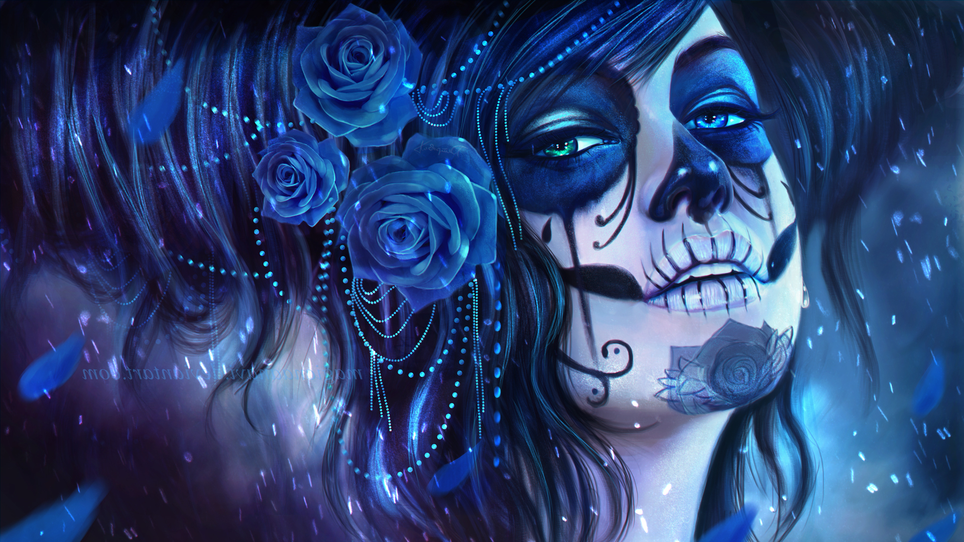 Sugar Skull, Magicnaanavi, Rose, Artwork, Blue Flowers