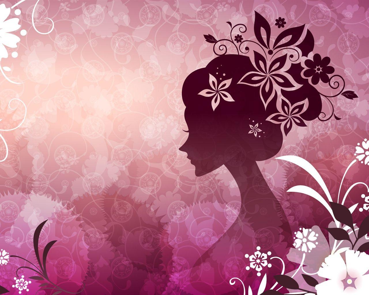 Vector woman with pink flowers, wallpaper. Nyomdák in 2019