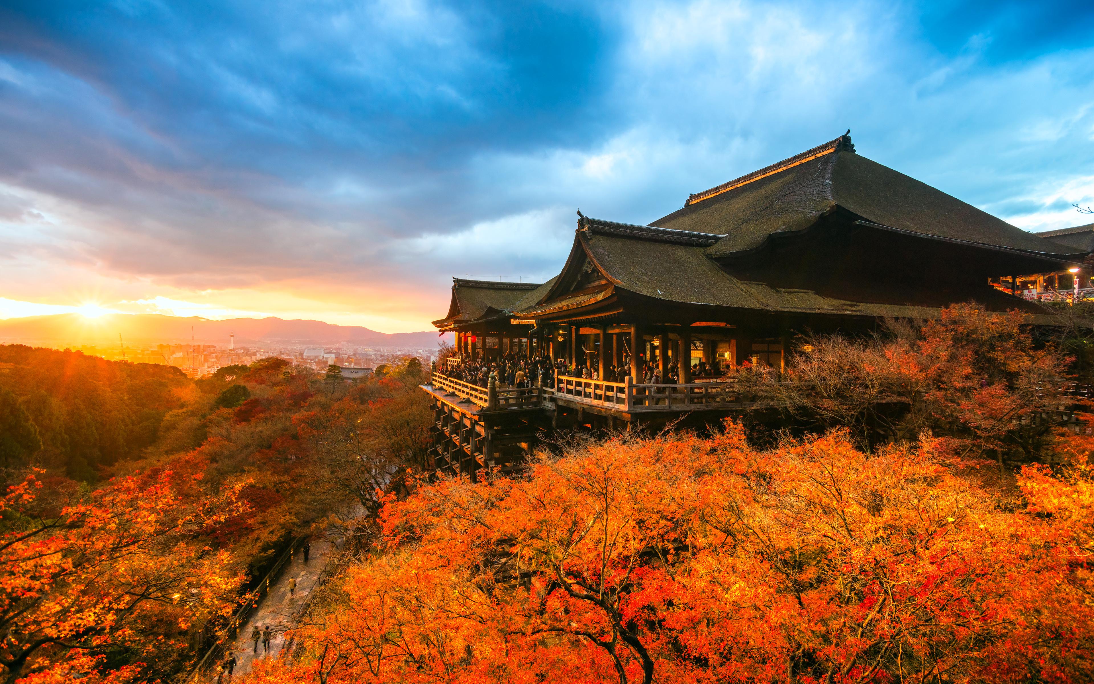 Download wallpaper Kiyomizudera Temple, 4k, japanese landmarks, autumn, sunset, Kyoto, Japan for desktop with resolution 3840x2400. High Quality HD picture wallpaper
