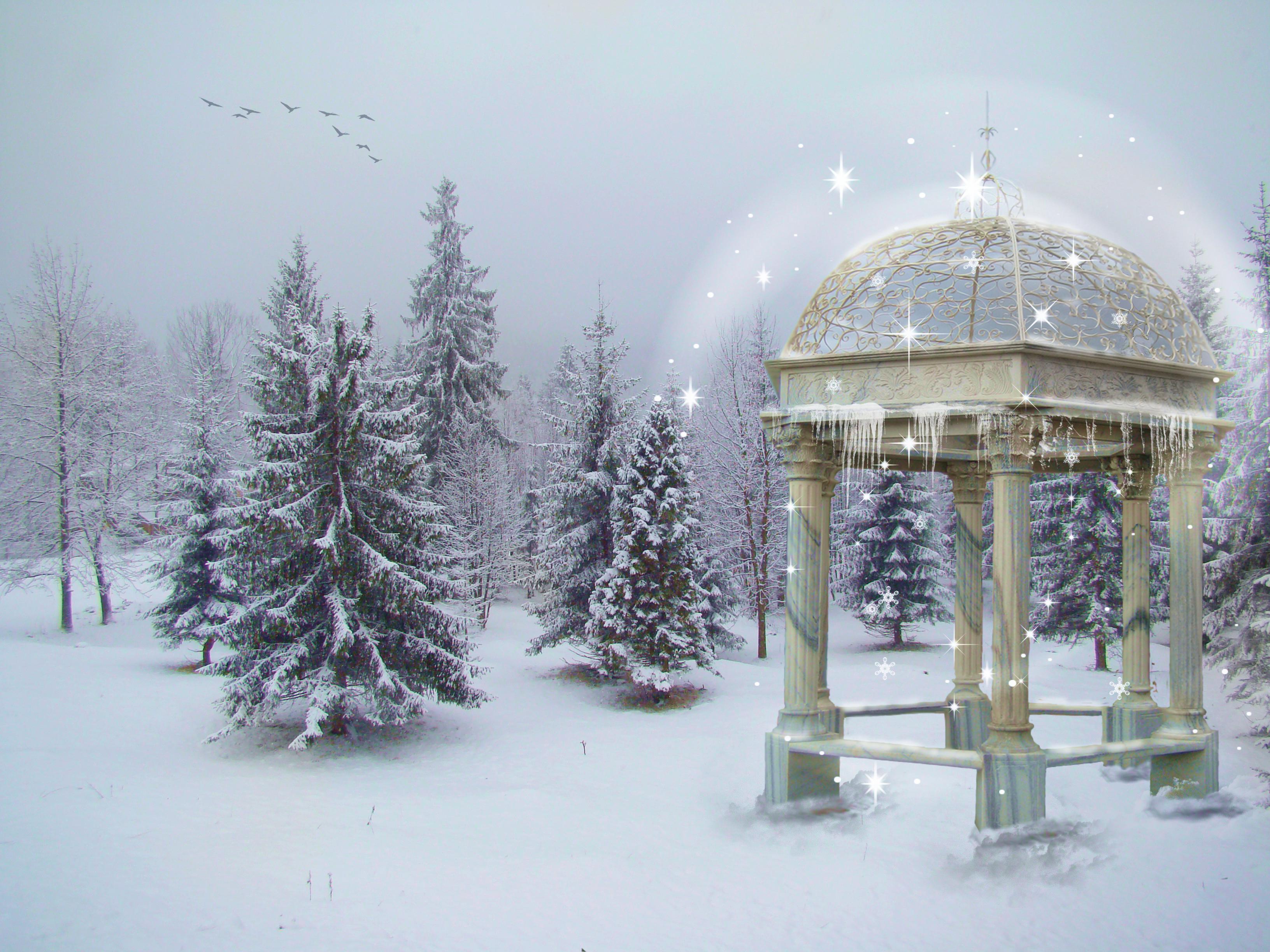 Gazebo in Winter Forest HD Wallpaper. Background Image