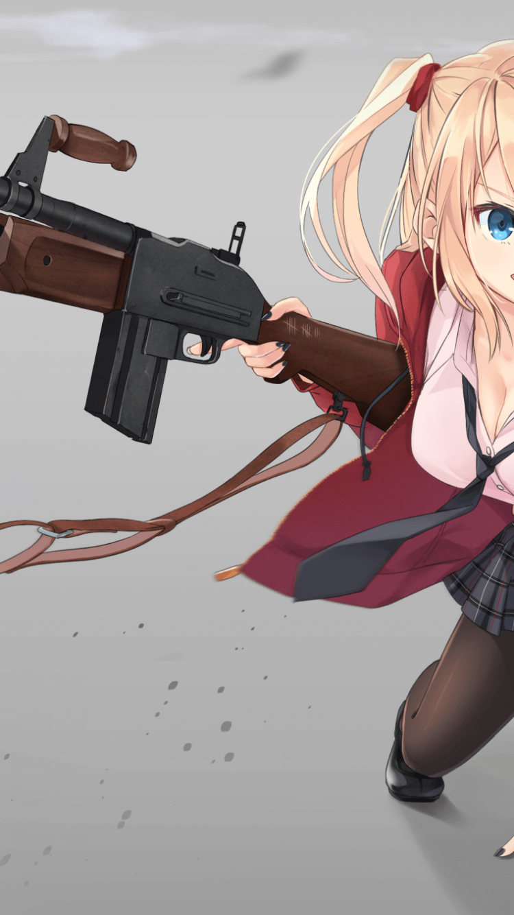 Download 750x1334 Anime Girl, Gun, Blonde, Smiling