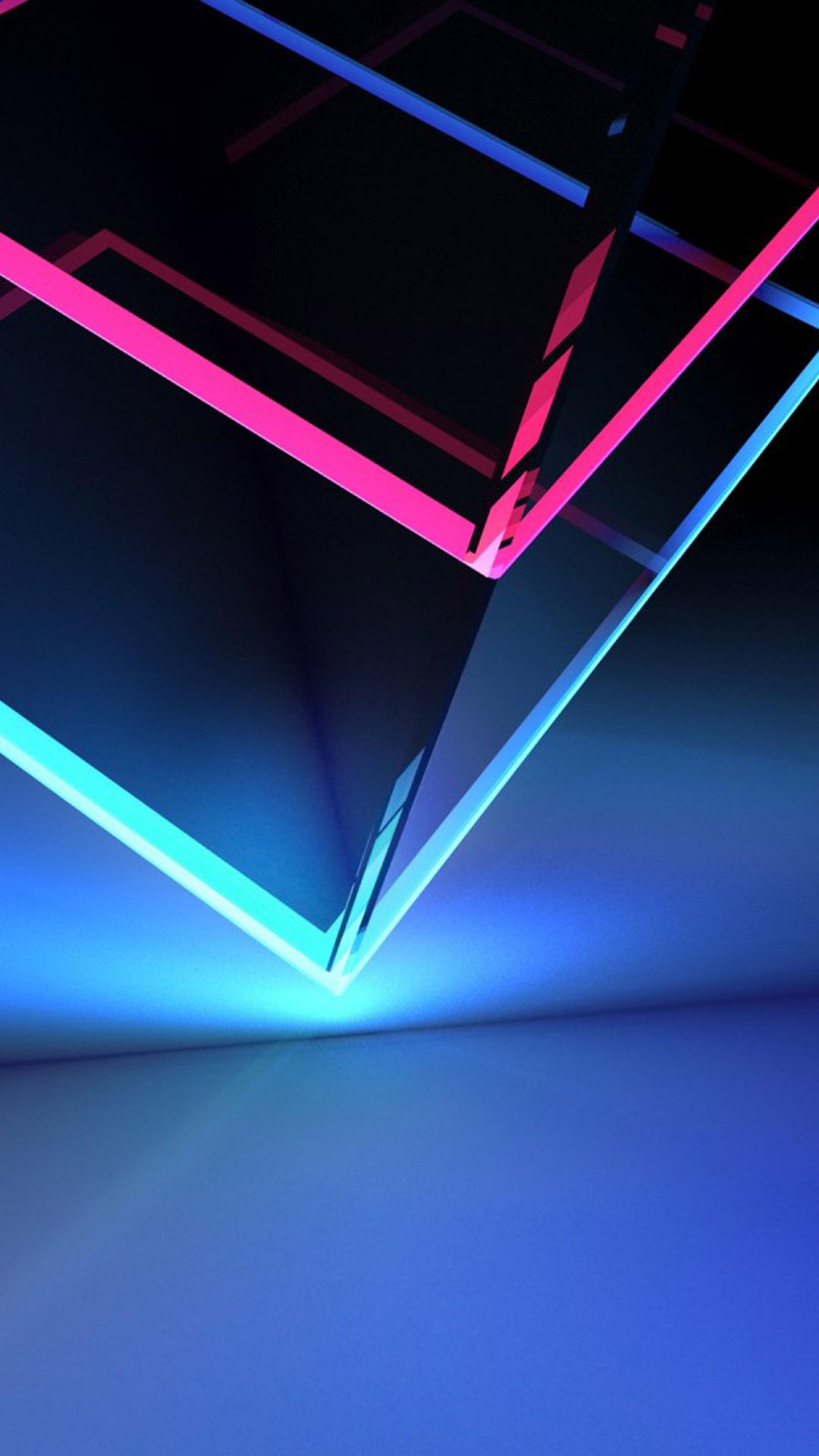 Download 3D Cube Neon Red Blue Light Free Pure 4K Ultra HD