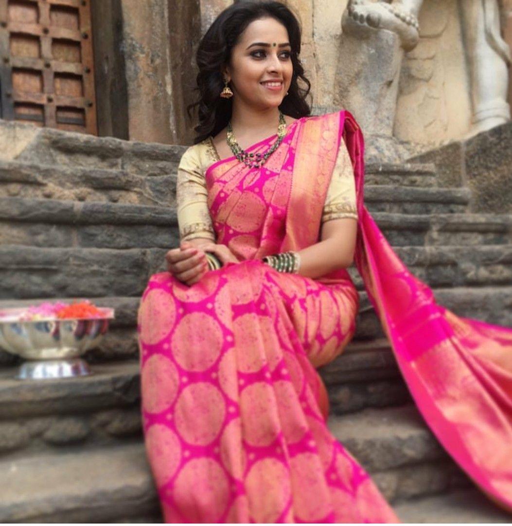 Actress Sri Divya in Pink Saree. Half saree designs, Blouse