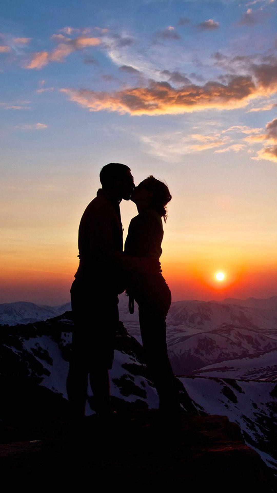Lover Couple Sunset Snowy Mountain Top Outlines iPhone 6 Wallpaper Download. iPhone Wallpaper, iPad wallpaper O. Love couple wallpaper, Sunset wallpaper, Photo