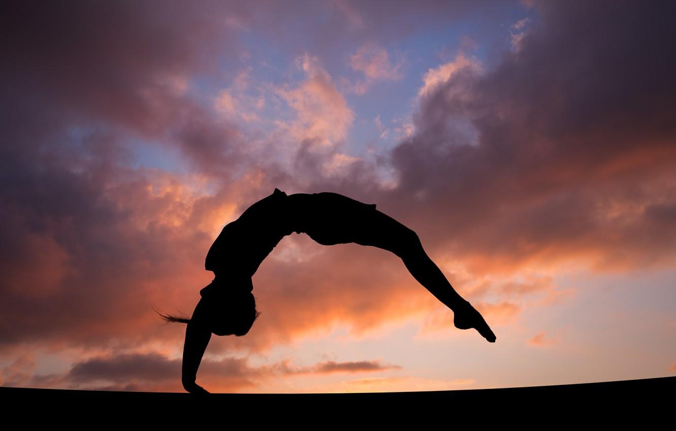 Wallpaper the sky, girl, clouds, sunset, background, jump, figure, silhouette, gymnast, flip image for desktop, section спорт