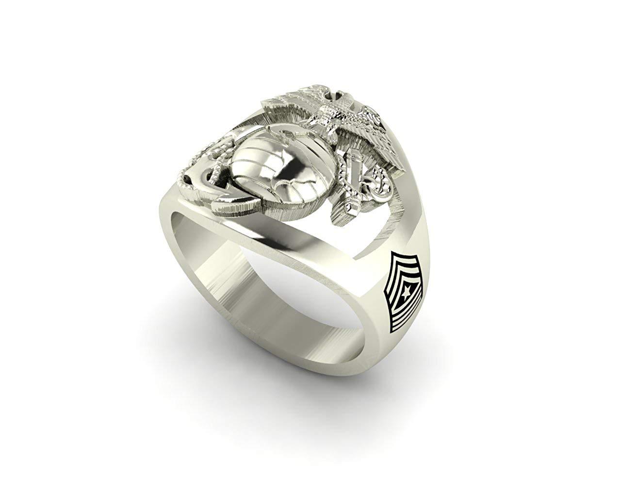 Solid 18K White Gold Marine Corps Ring with Open Back Eagle