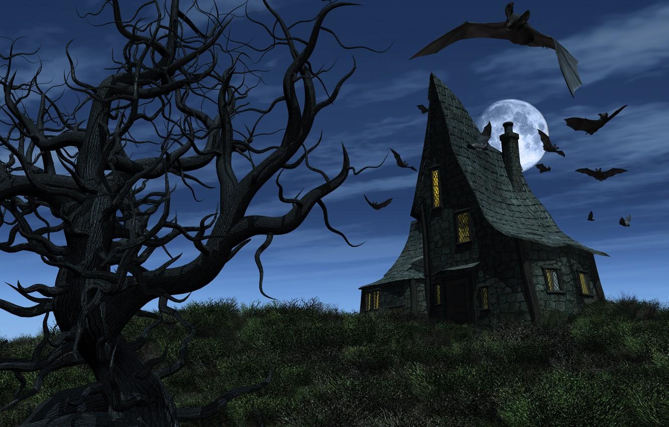 Wallpaper Halloween, Halloween, scary, bats, bats, full moon
