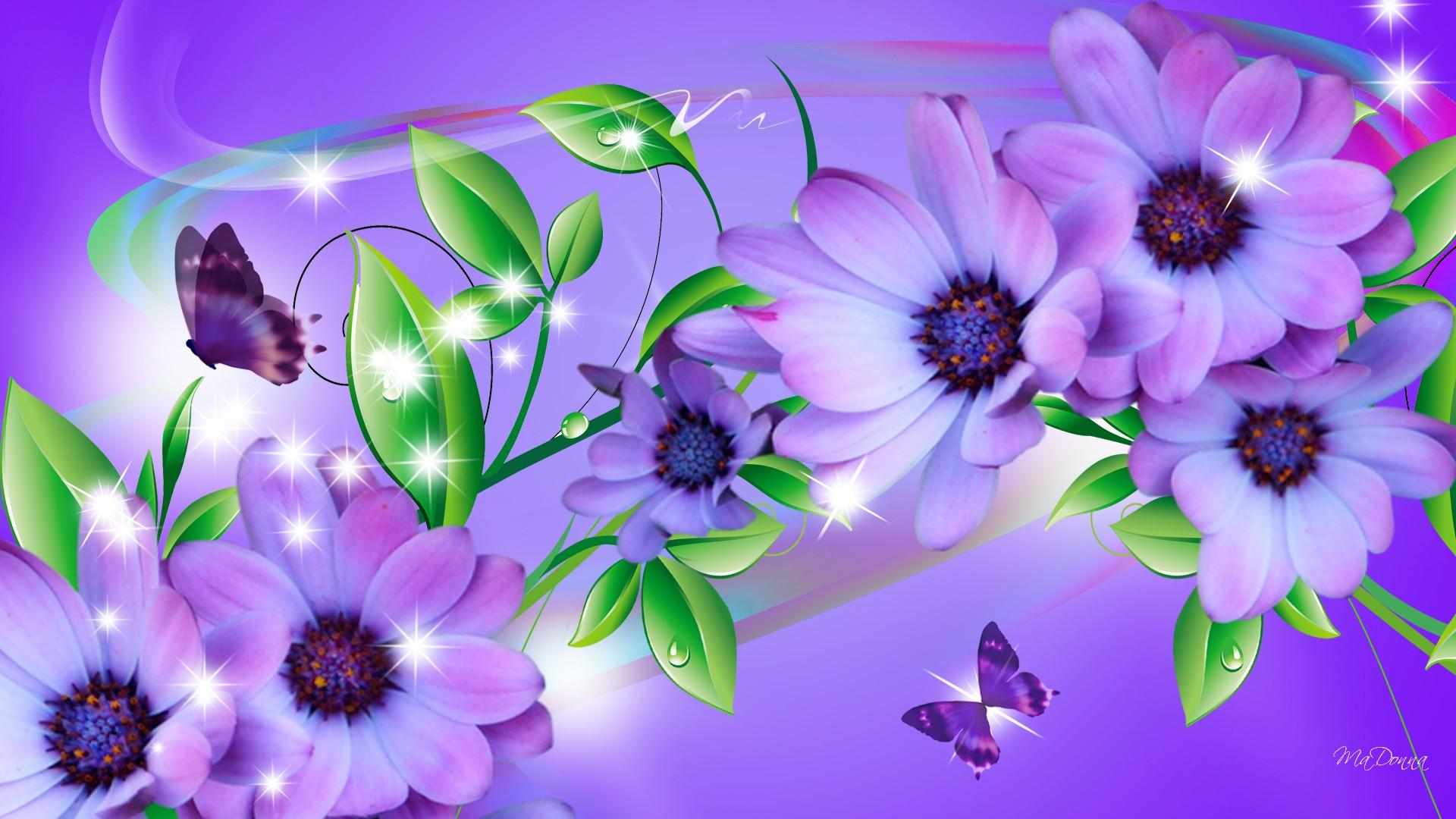 Purple Daisies and Butterflies HD Wallpaper. Background