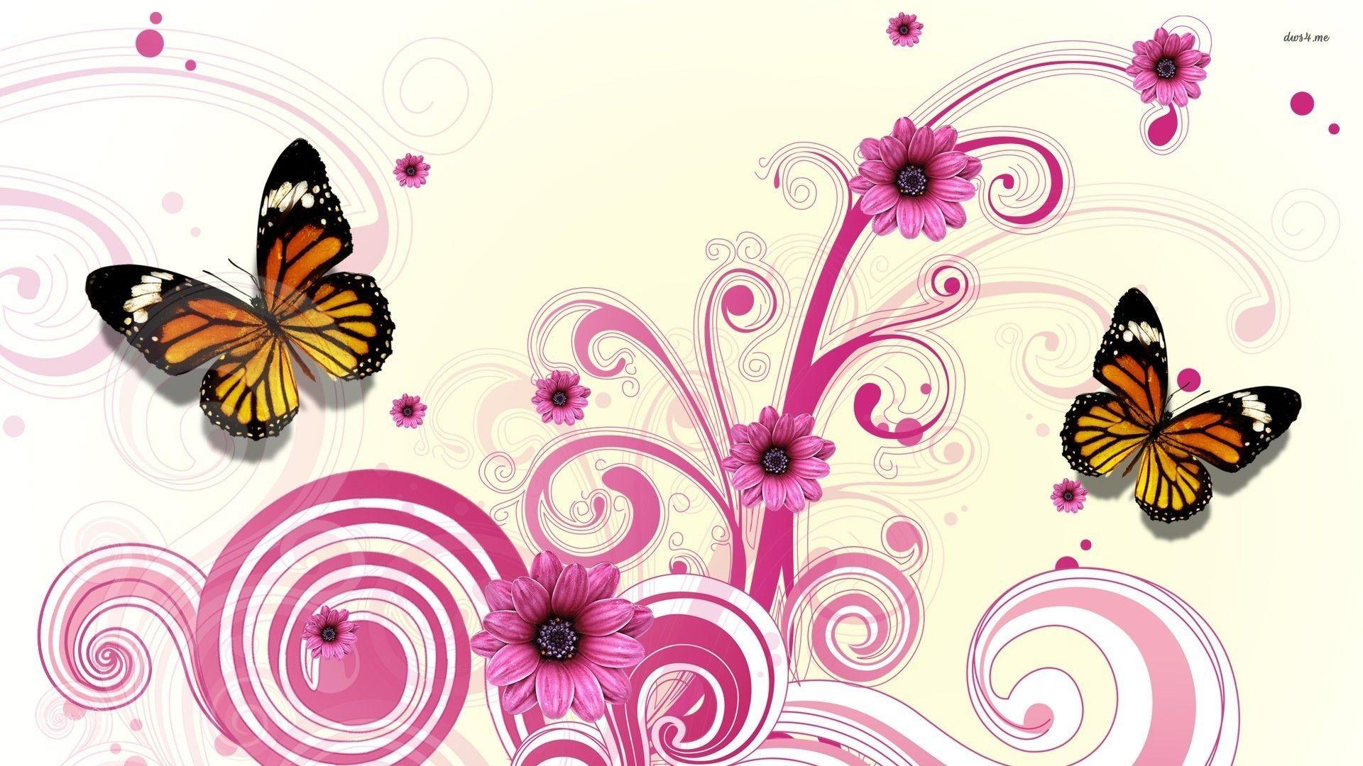 Butterflies and pink daisies wallpaper. Butterfly Art