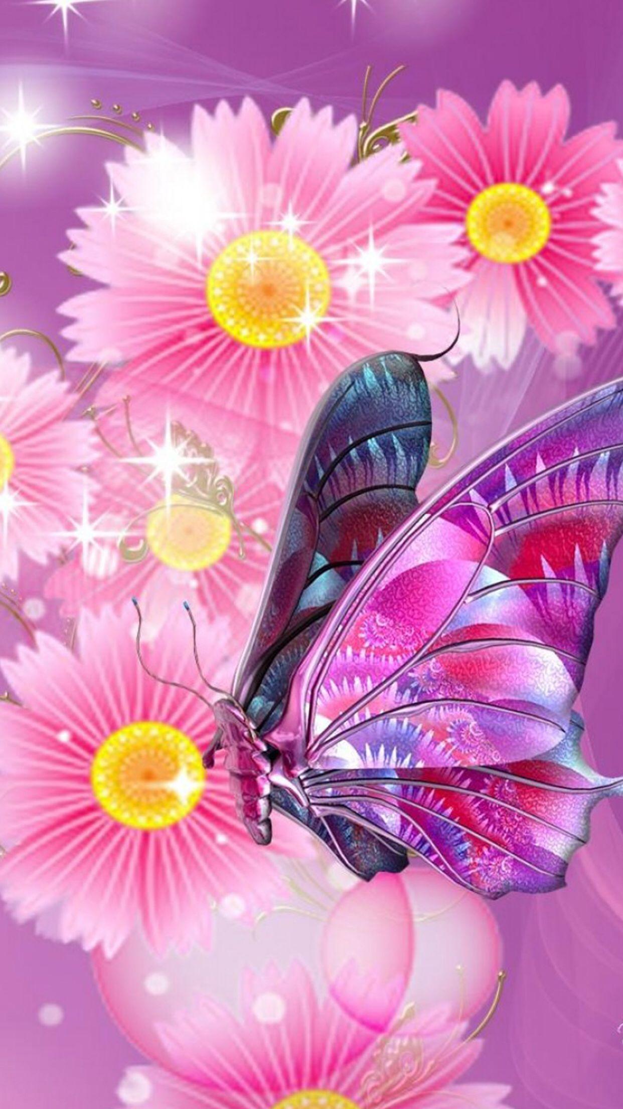 Pink Butterflies Daisy Wallpaper