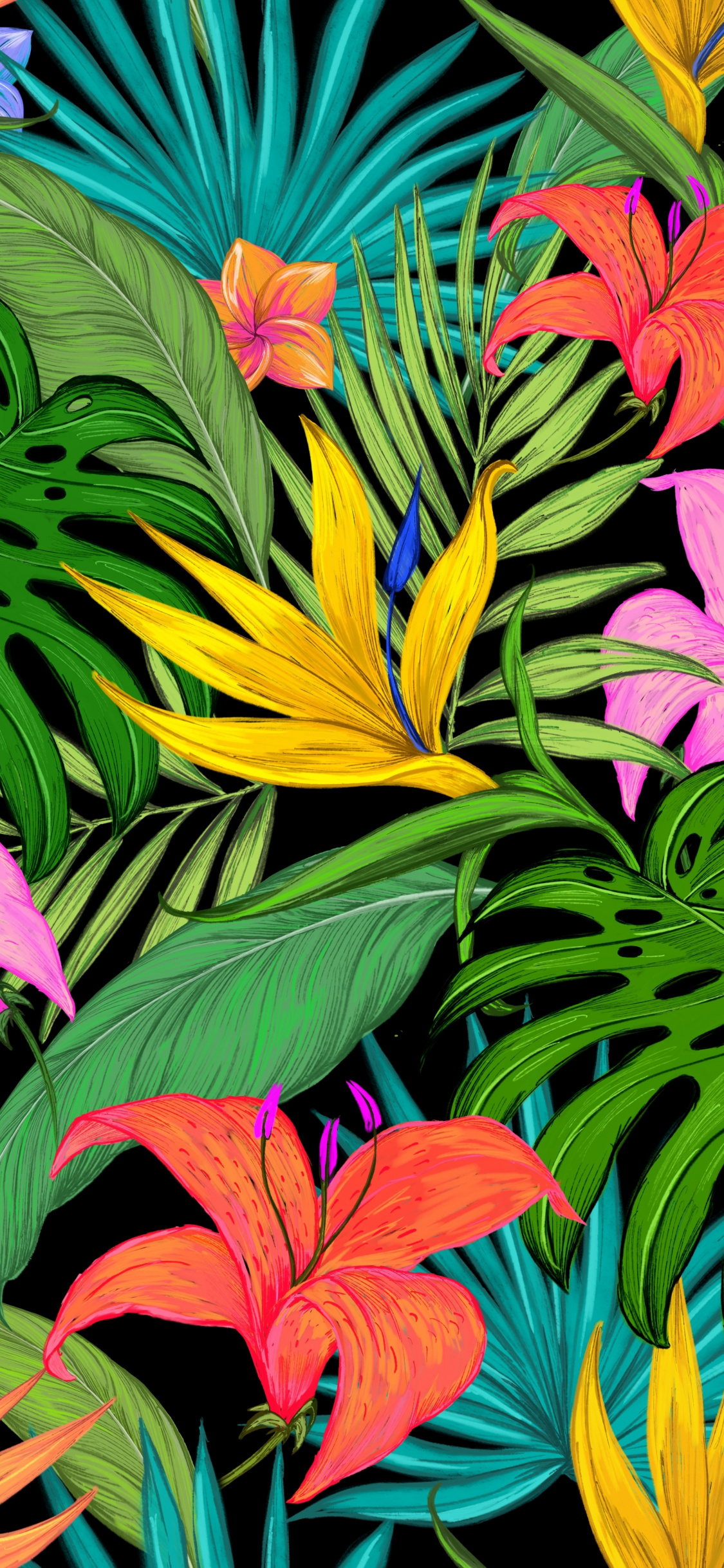 Download 1125x2436 wallpaper pattern, tropical, flowers