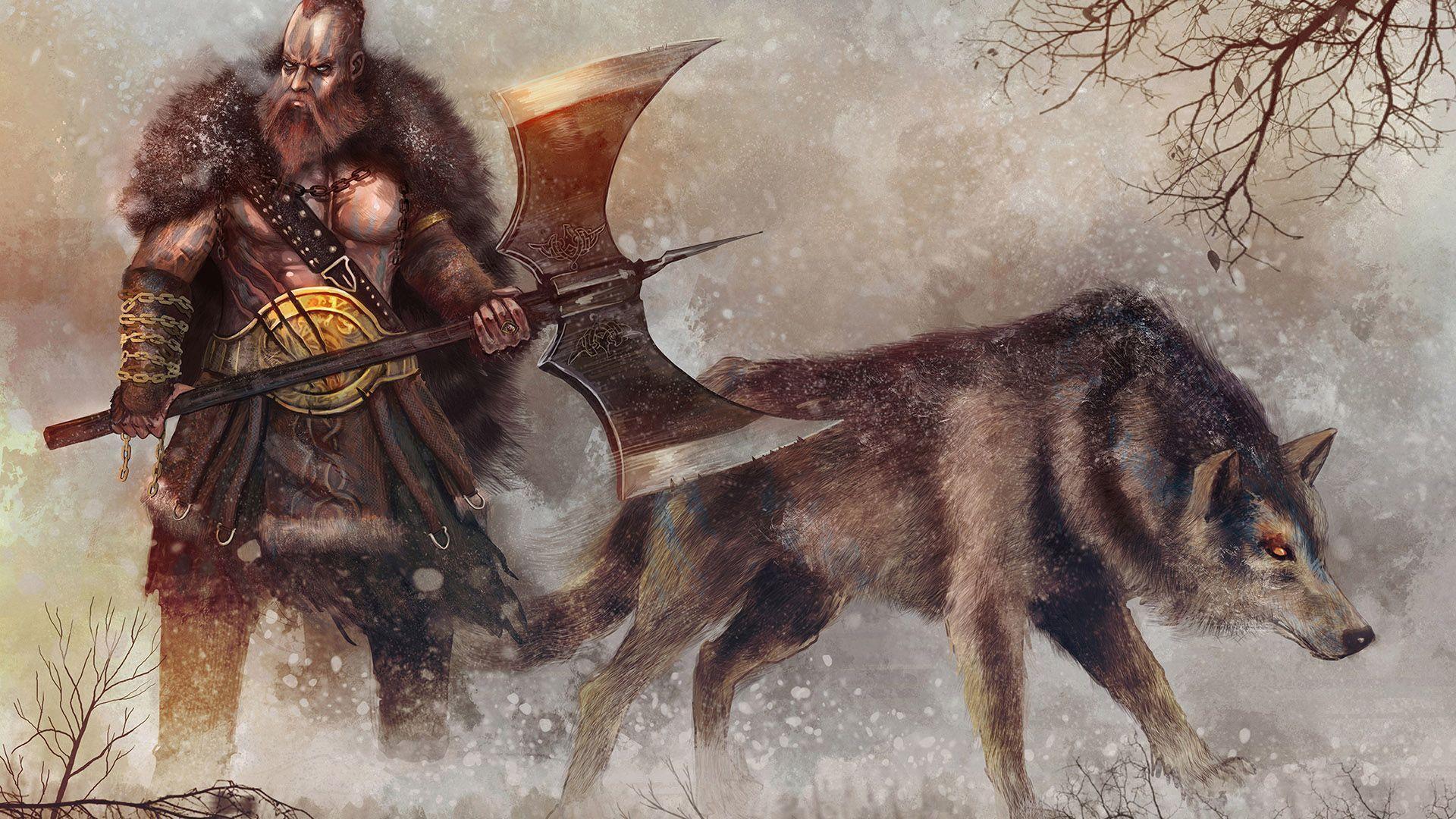 HD Warrior and his wolf in the snow Wallpaper. Download