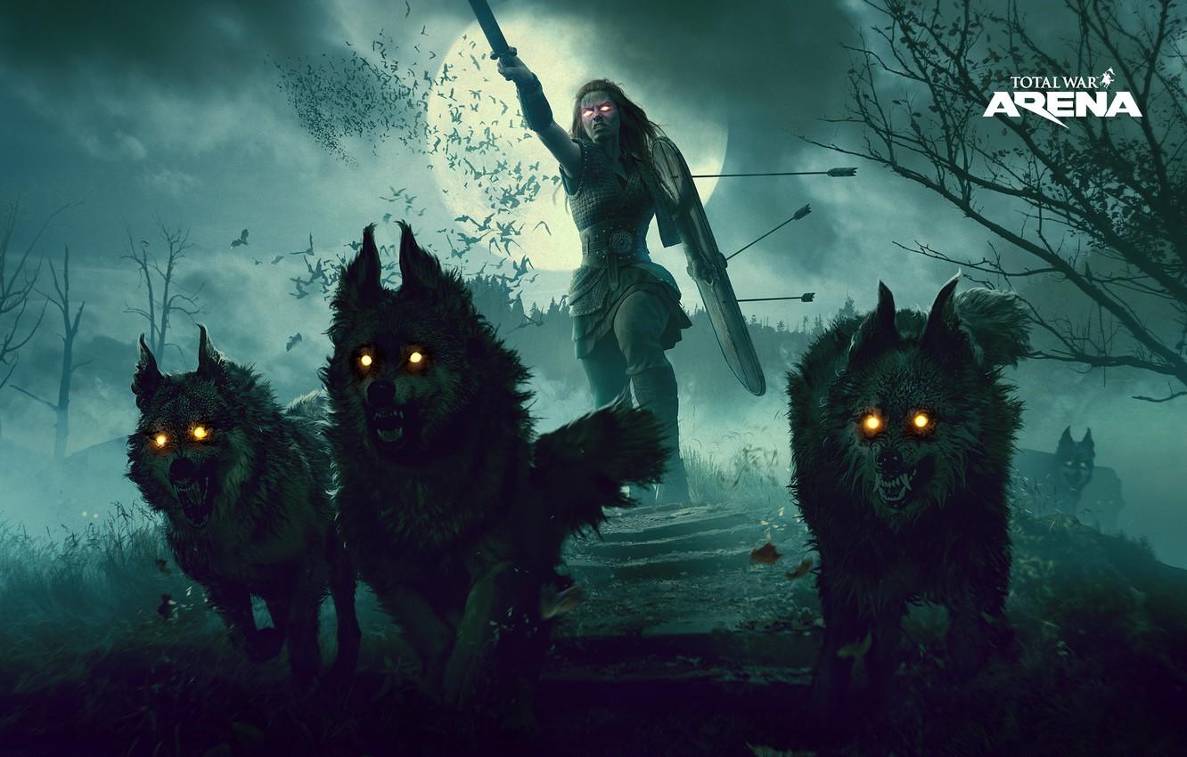 Wallpaper dark, moon, sword, wolf, total war, wolves, shield
