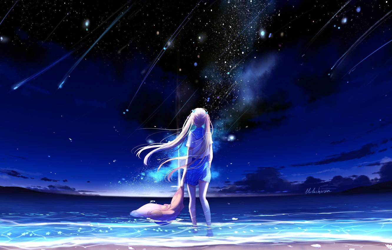 Wallpaper sea, the sky, night, schoolgirl, shooting stars