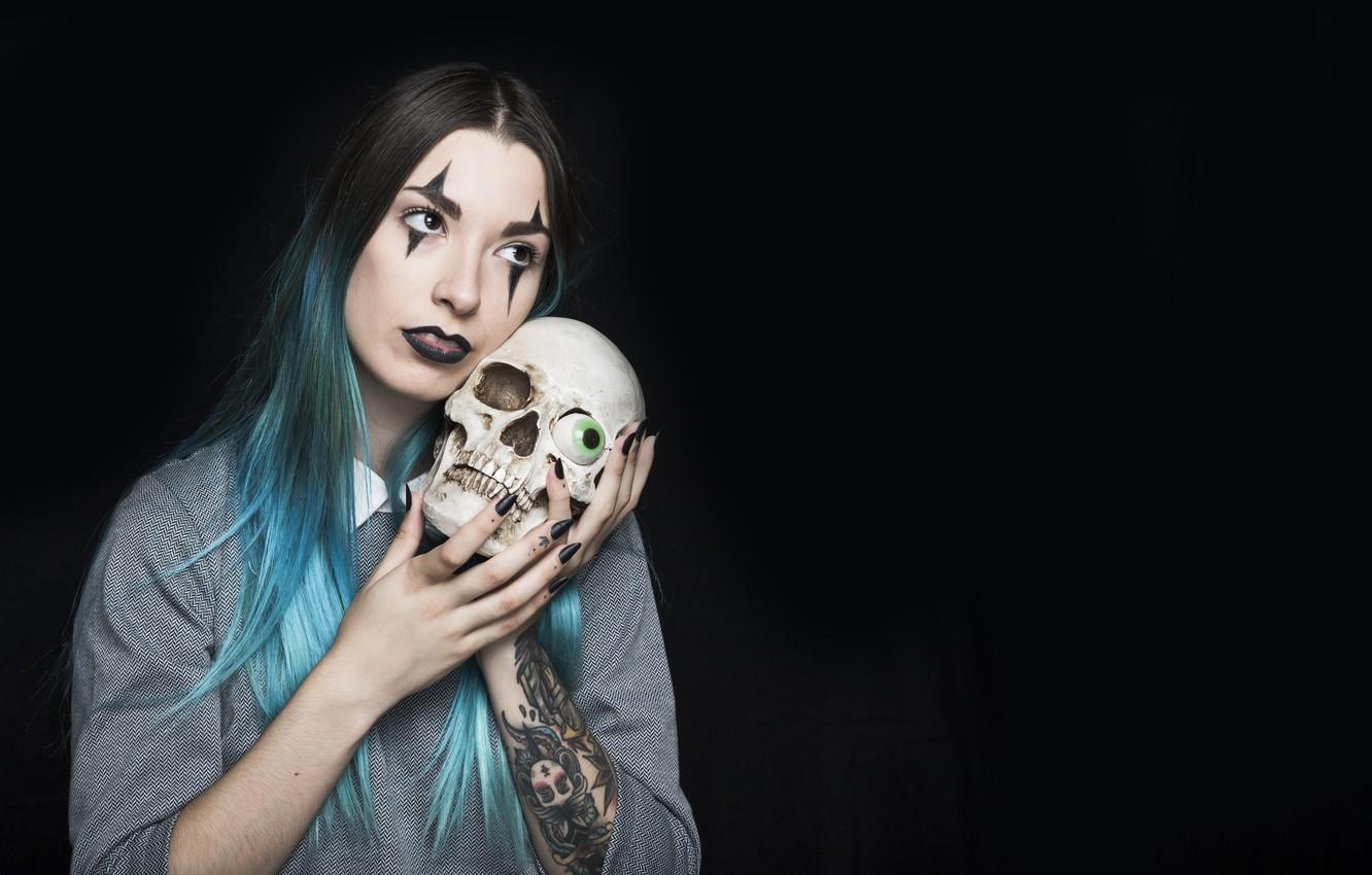 Wallpaper girl, eyes, skull, tattoo, Halloween, tattoo image for desktop, section праздники